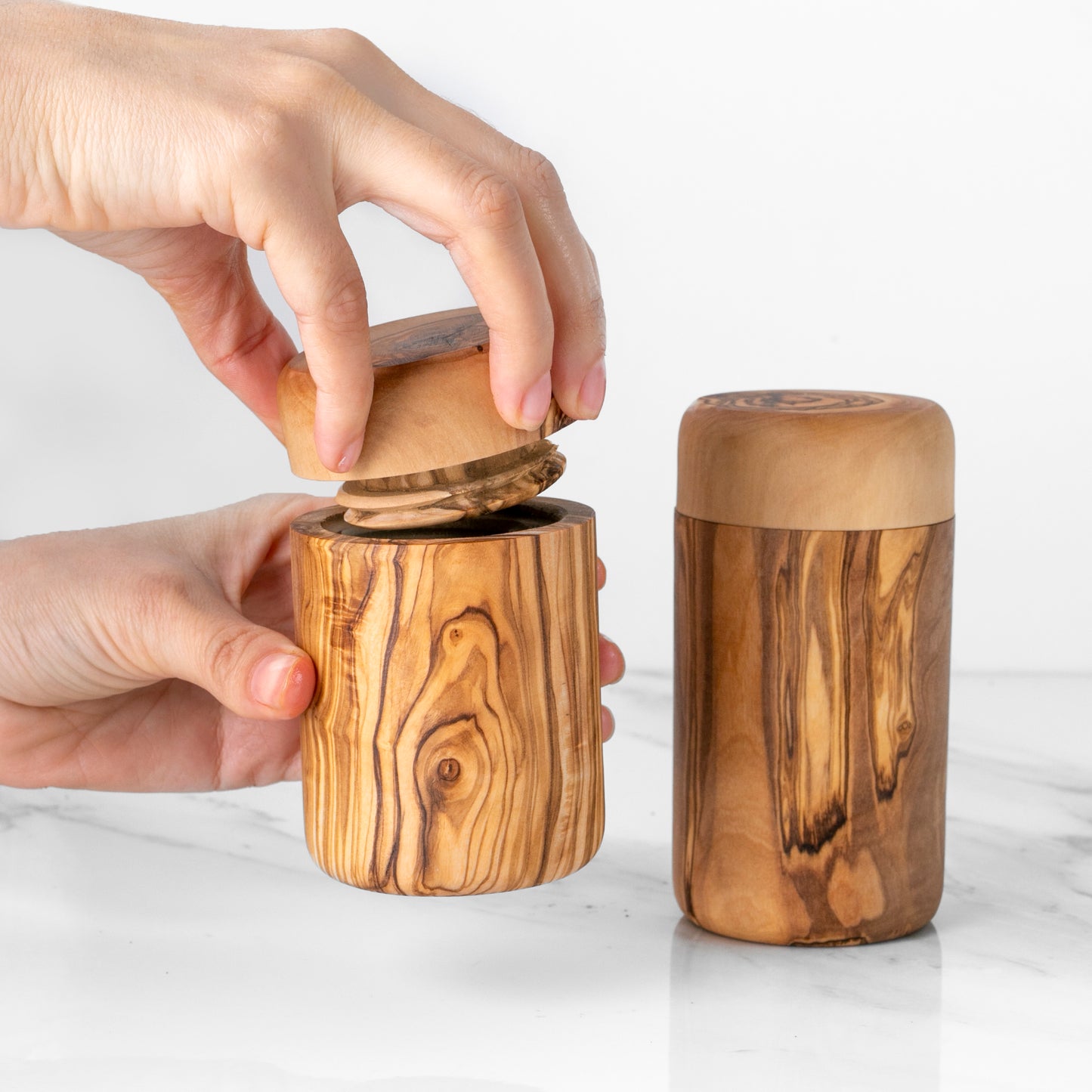 Set of 2 Salt Cellar with Lid Olive Wood - ArtisRaw