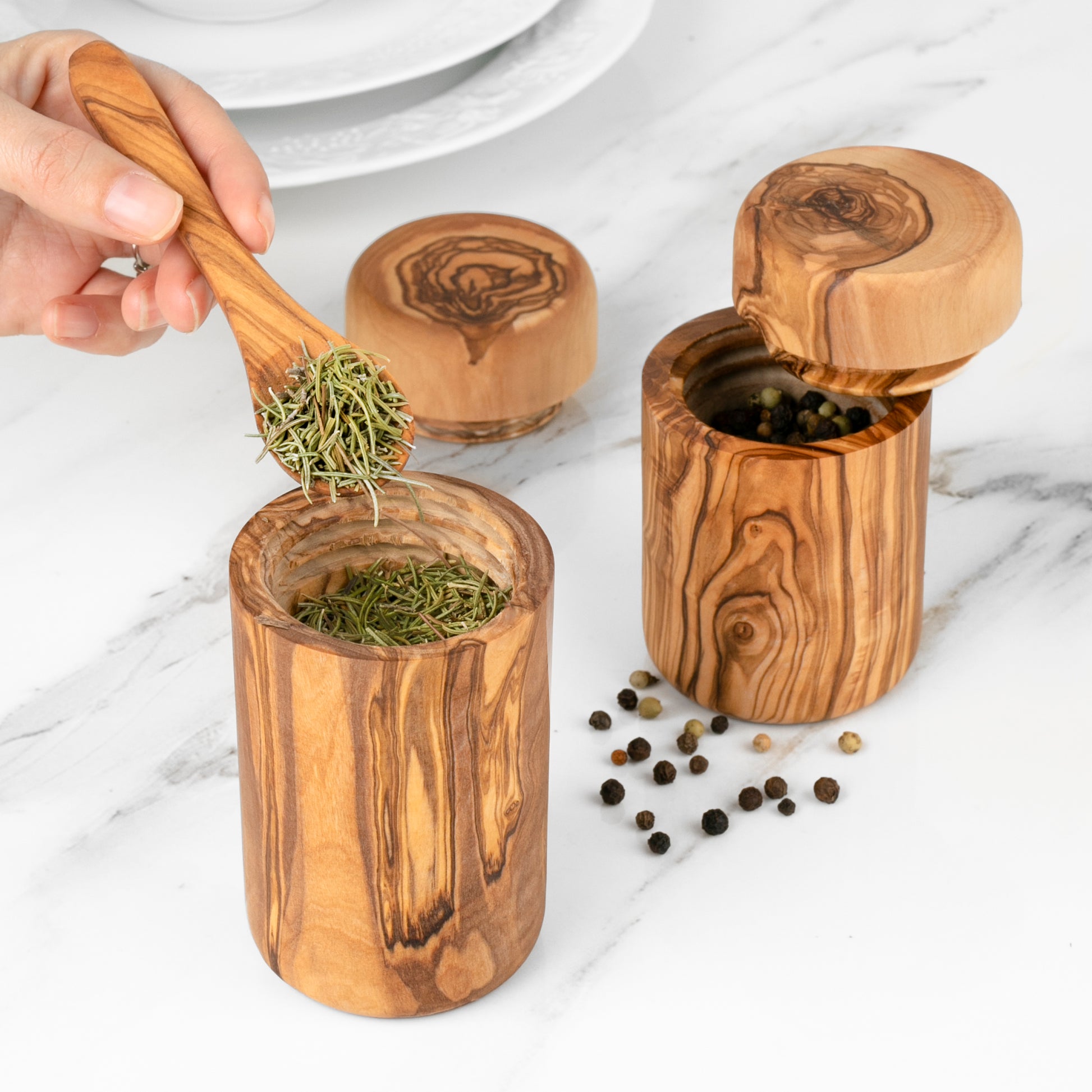 Set of 2 Salt Cellar with Lid Olive Wood - ArtisRaw