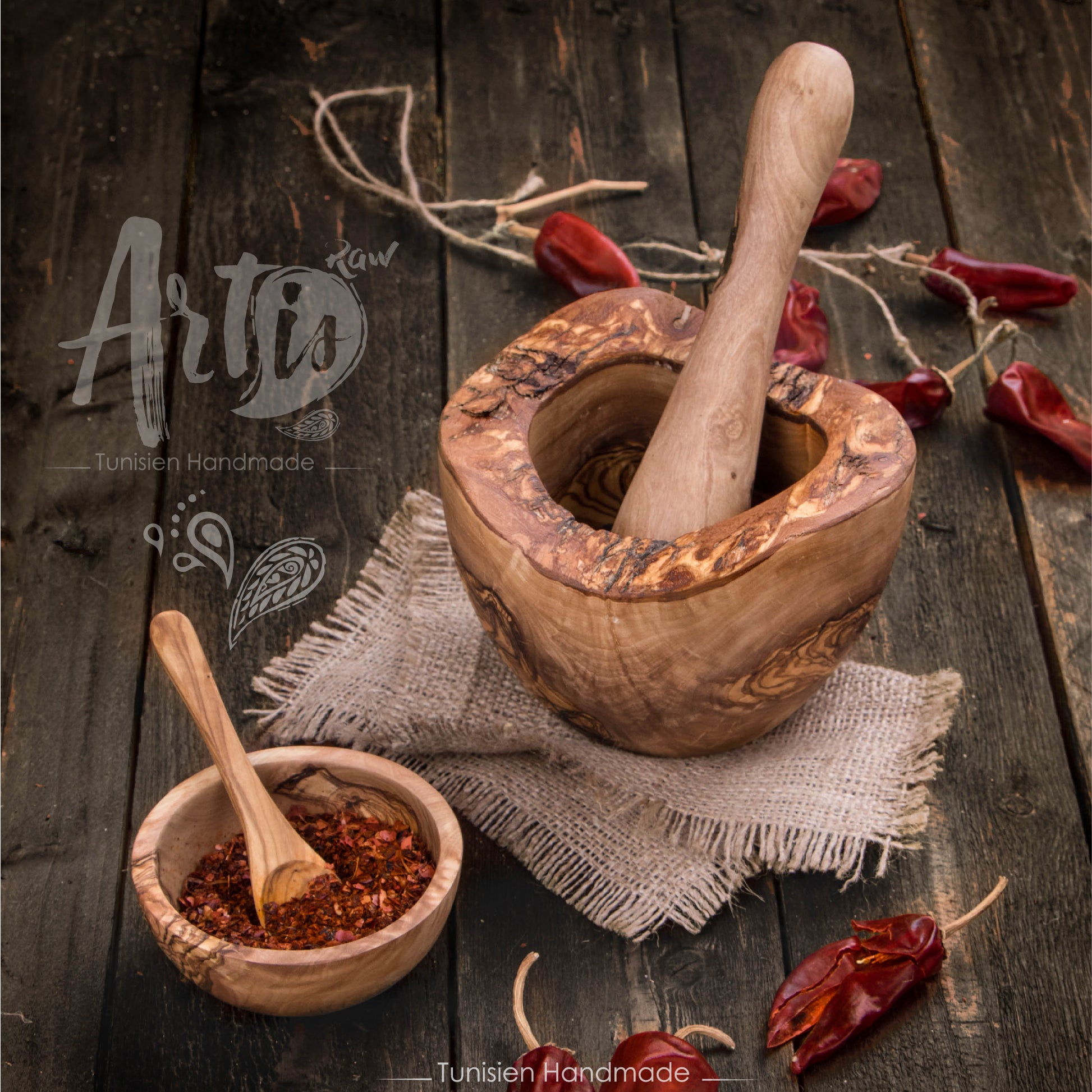 Rustic Mortar and Pestle made of Tunisian Olive Wood - ArtisRaw