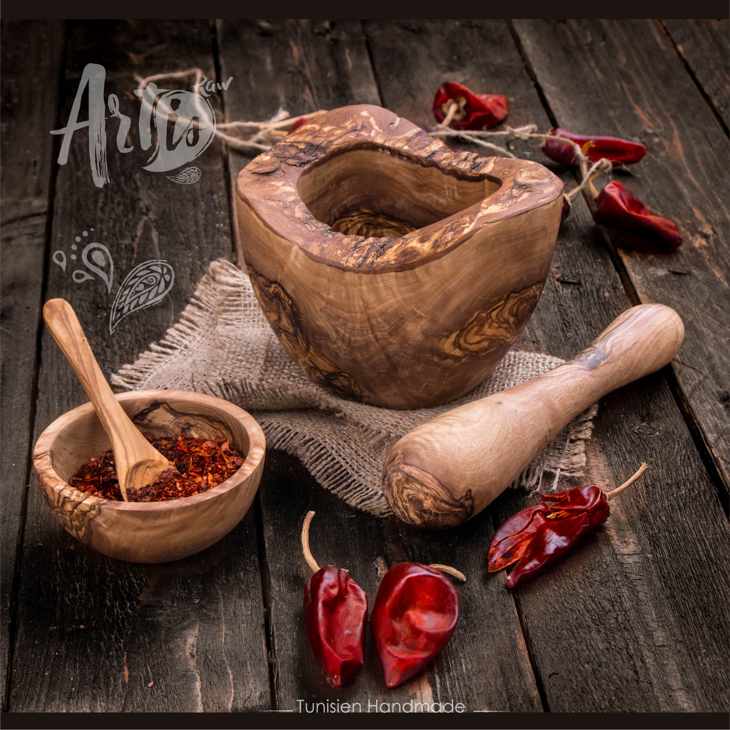 Rustic Mortar and Pestle made of Tunisian Olive Wood - ArtisRaw