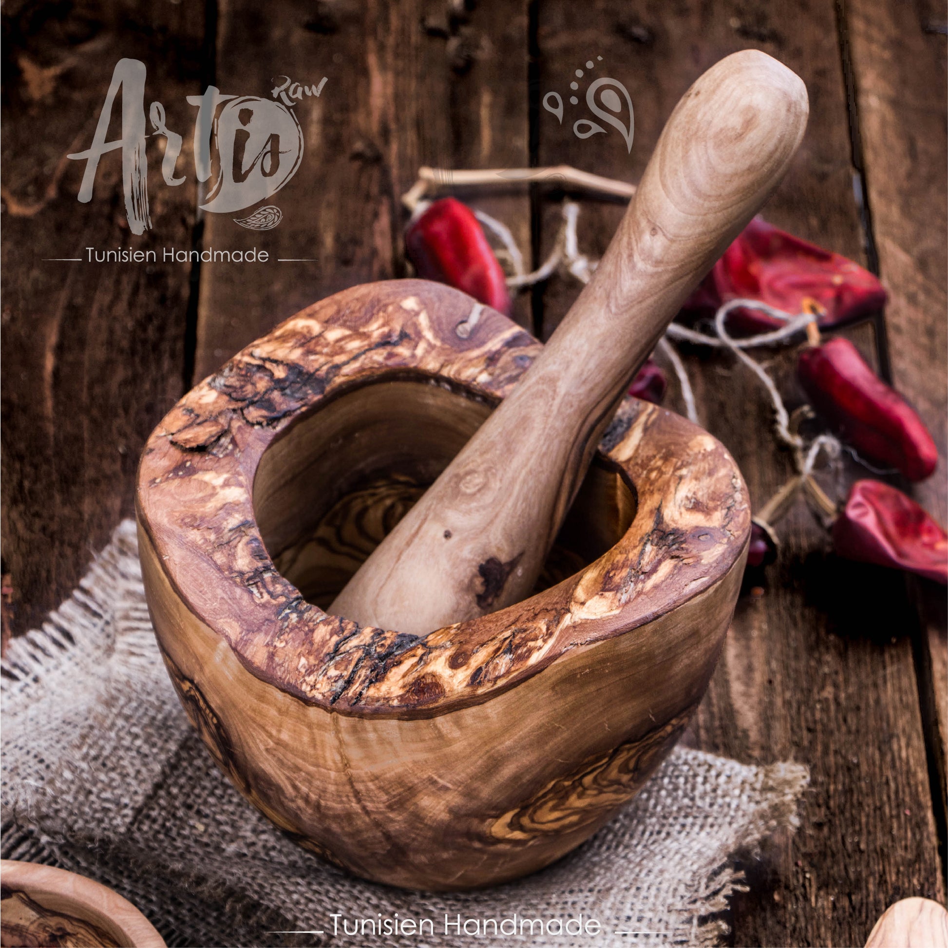 Rustic Mortar and Pestle made of Tunisian Olive Wood - ArtisRaw