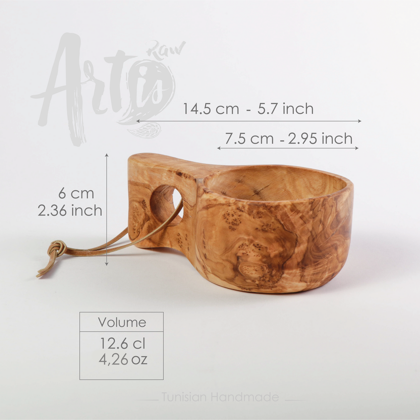 Dimensions of our Kuksa cup handmade from olive wood: 5.7" (14.5cm) * 2.3" (6cm) Volume: 4.2oz (12.6cl)