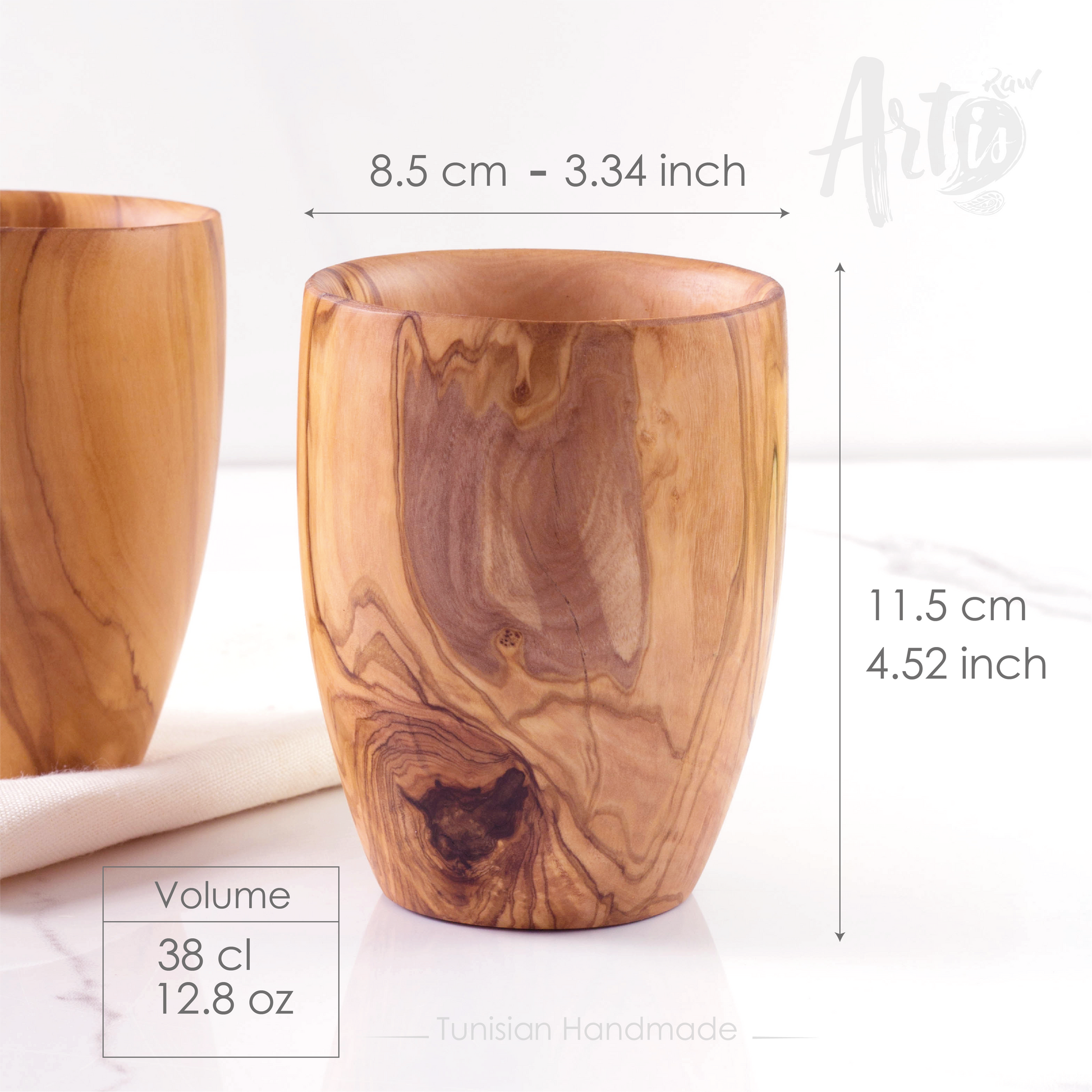 Dimensions of our wooden large cup handmade from olive wood: 4.5" (11.5cm) * 3.3" (8.5cm) Volume: 12.8oz (38cl)