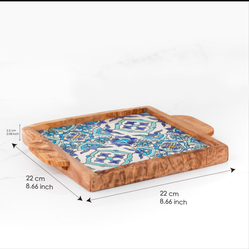 Olive Wood tray with handle and Hand-painted Ceramic Tiles - ArtisRaw