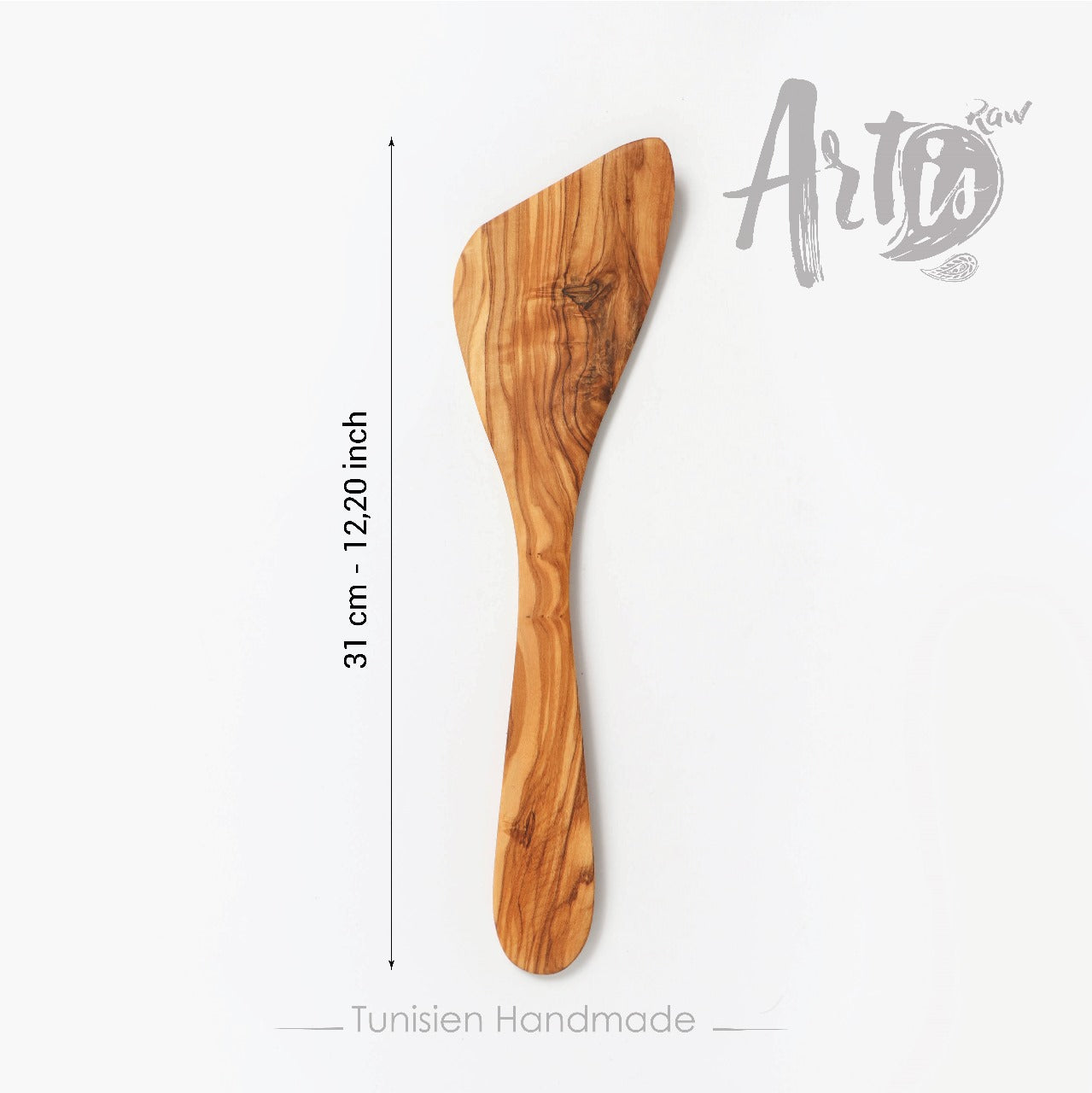 Length of this curved corner spatula handmade from olive wood: 12.2" (31cm)
