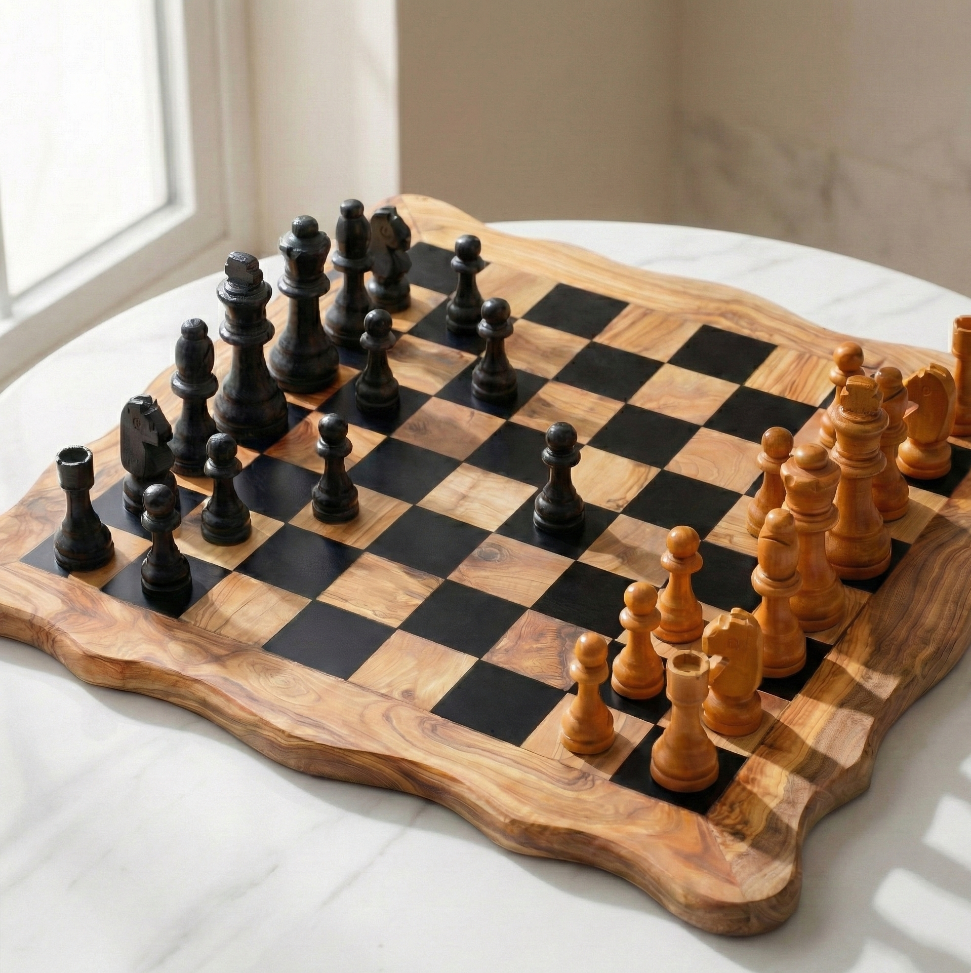 Olive Wood Chess Set – Square Wavy-Edge Board - ArtisRaw