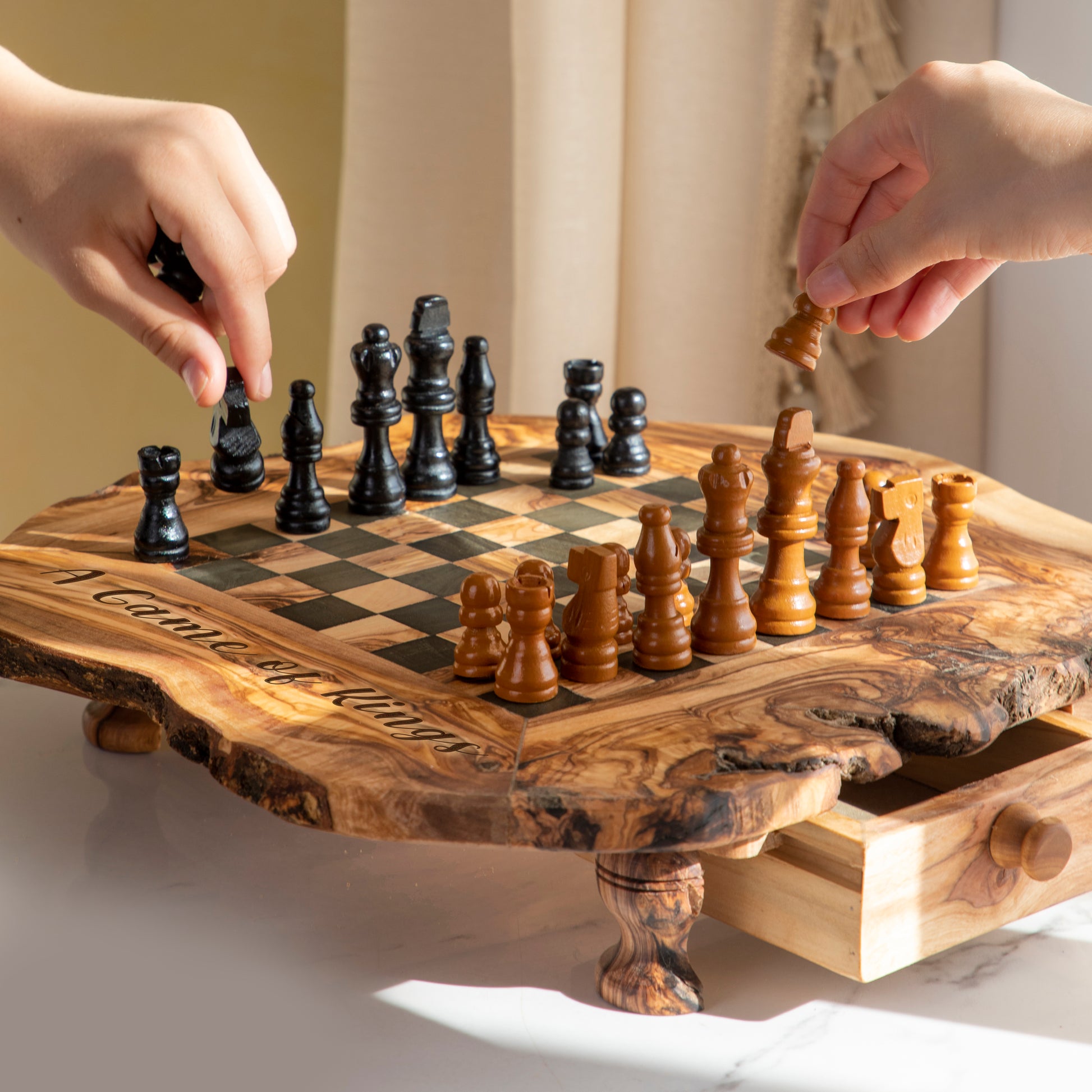 Handmade wooden chess set gift – luxury olive wood chess board with storage