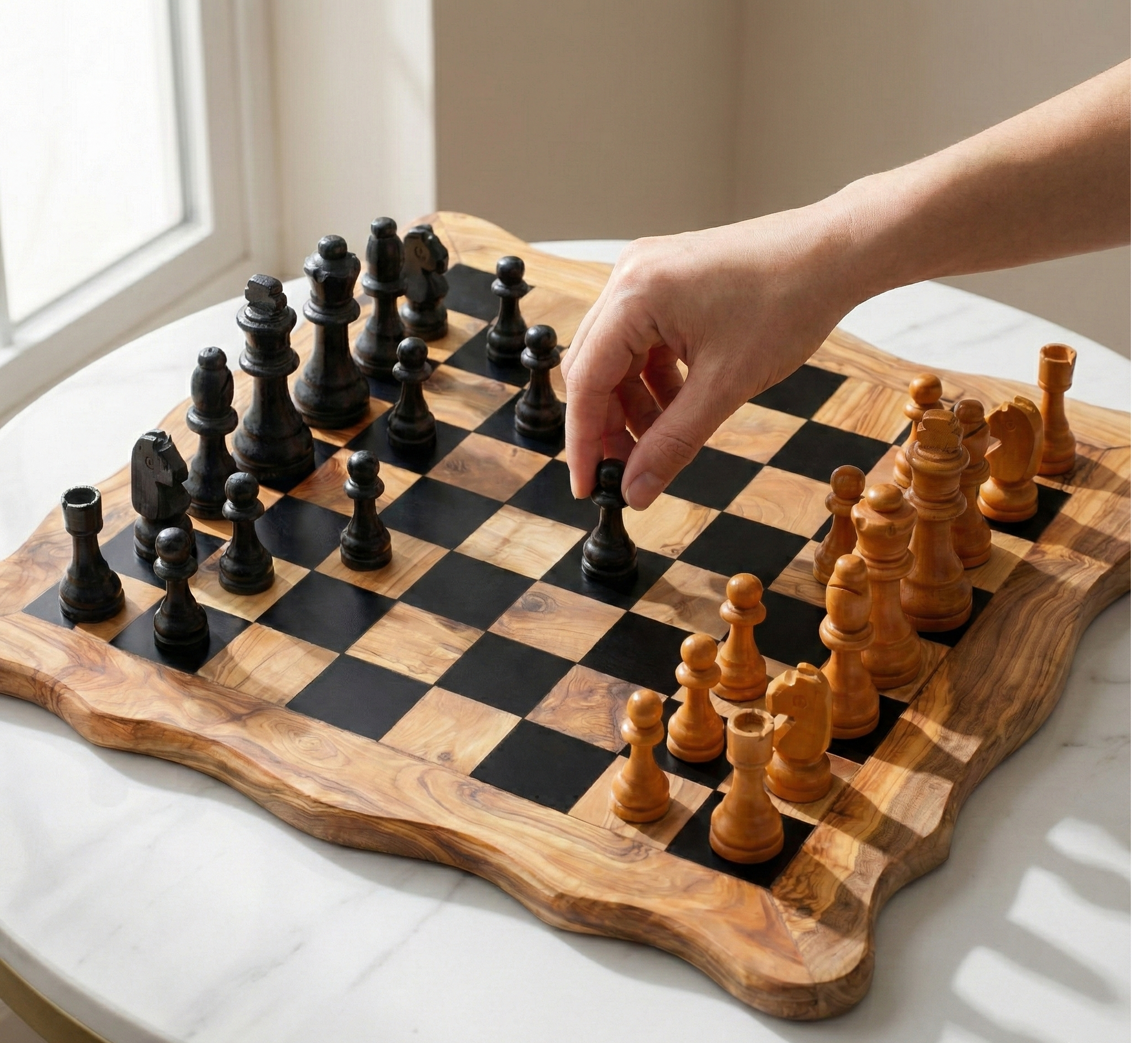 Olive Wood Chess Set – Square Wavy-Edge Board - ArtisRaw