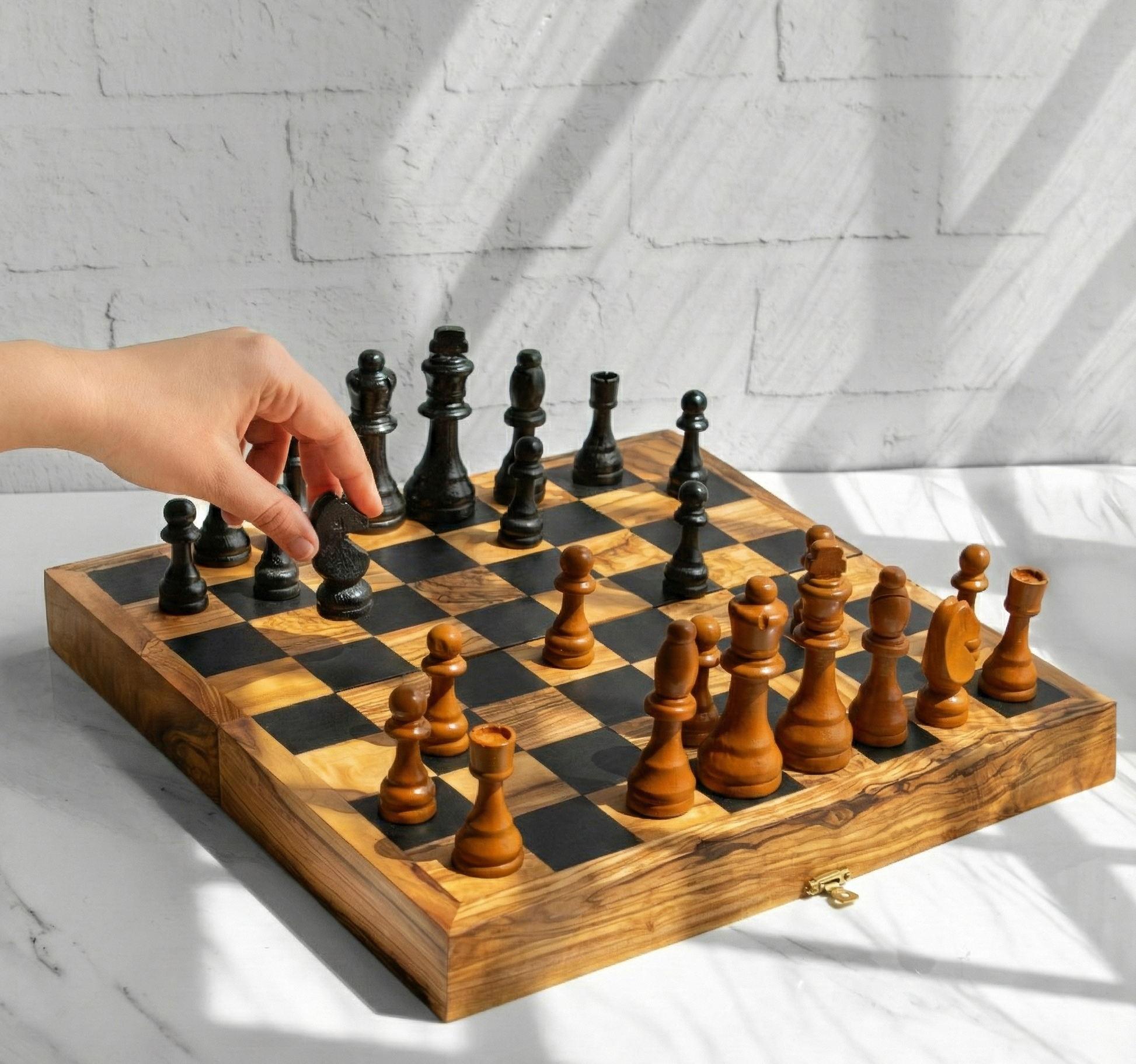 Folding Olive Wood Chess Set – Magnetic Travel Board with Wooden Pieces - ArtisRaw