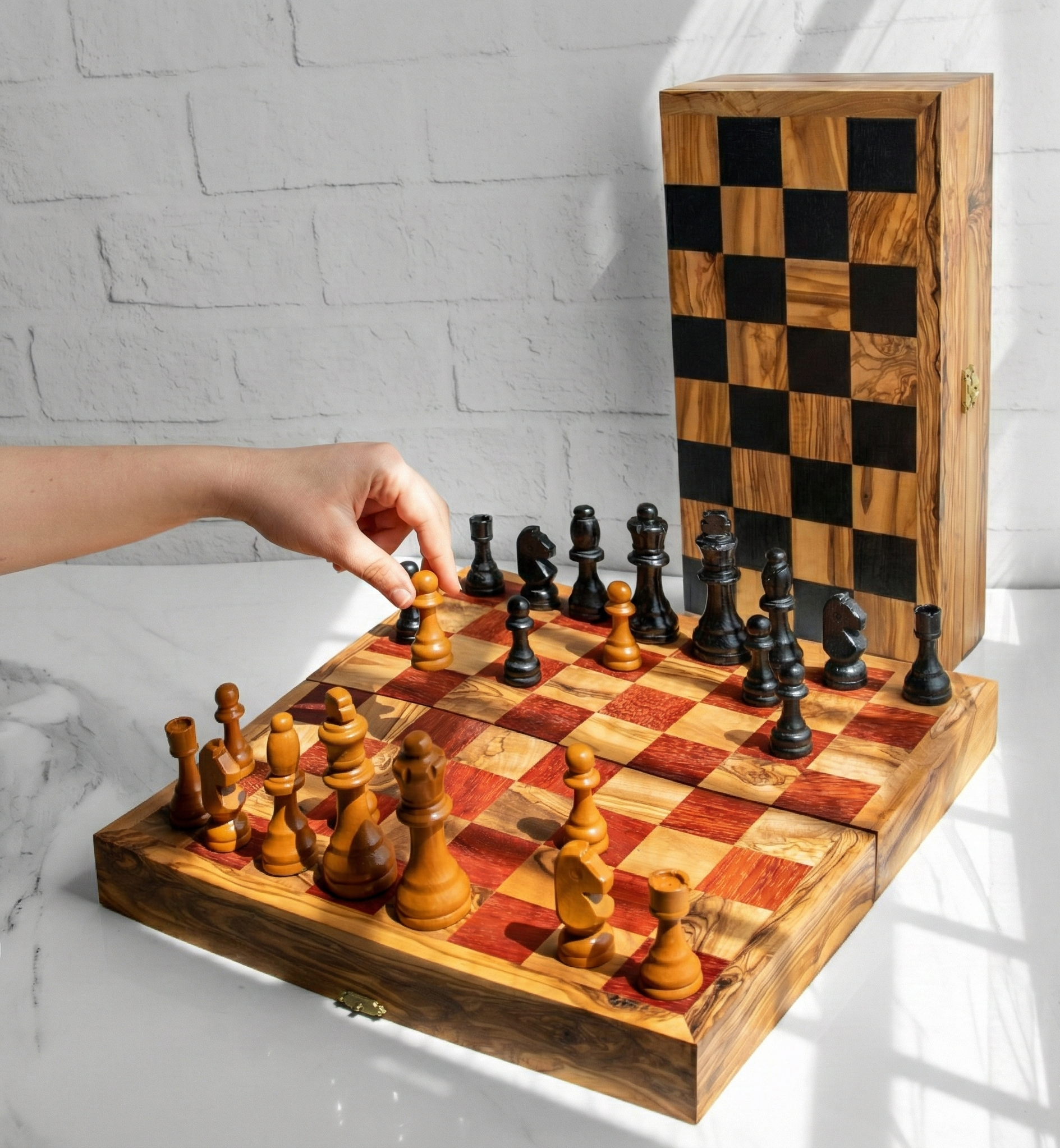 Folding Olive Wood Chess Set – Magnetic Travel Board with Wooden Pieces - ArtisRaw