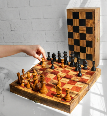 Folding Olive Wood Chess Set – Magnetic Travel Board with Wooden Pieces - ArtisRaw