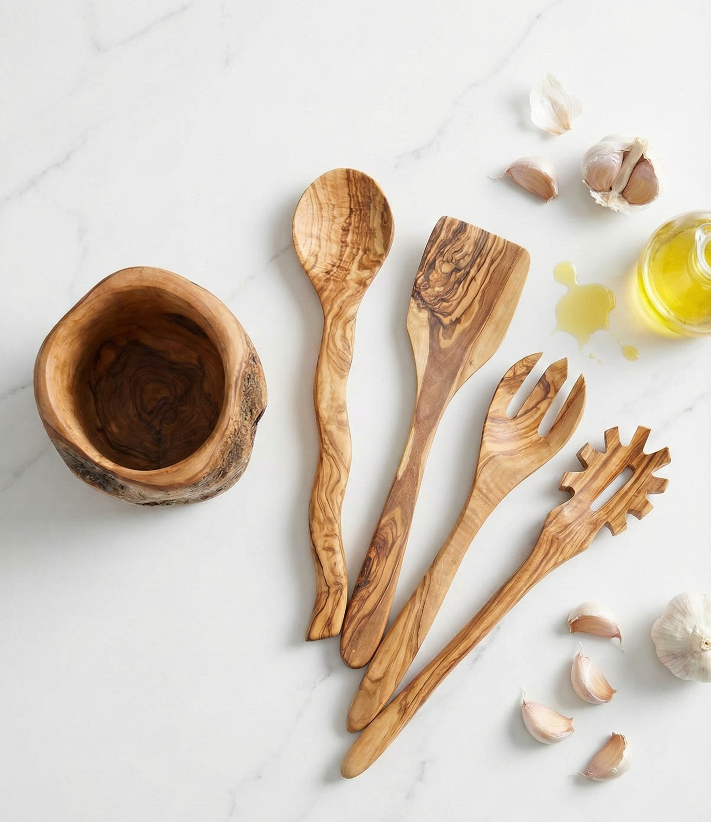Olive wood utensil set with tree trunk holder and four cooking spoons