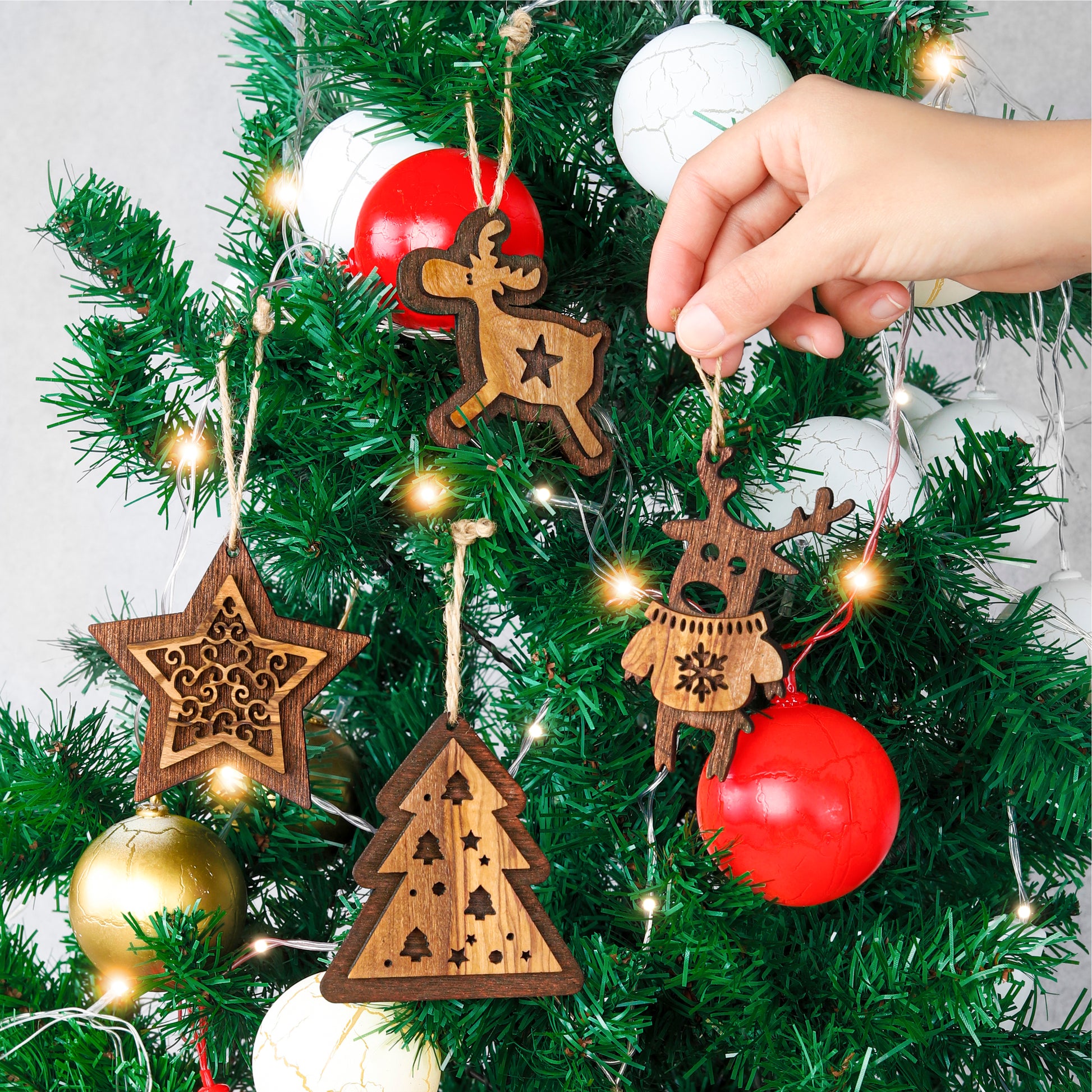 Olive Wood Christmas Ornaments: 2 Deers, Tree & Star - ArtisRaw