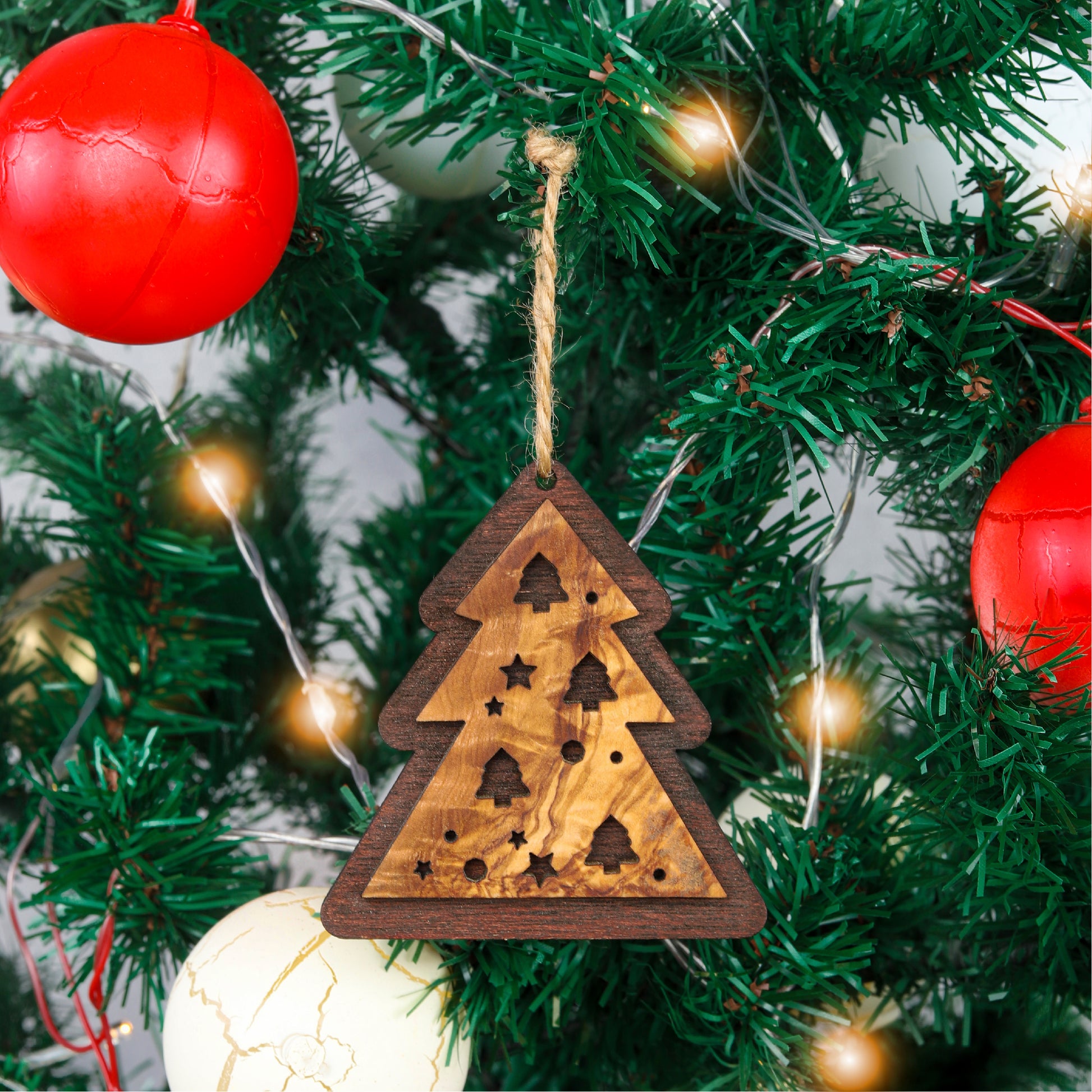 Olive Wood Christmas Ornaments: 2 Deers, Tree & Star - ArtisRaw