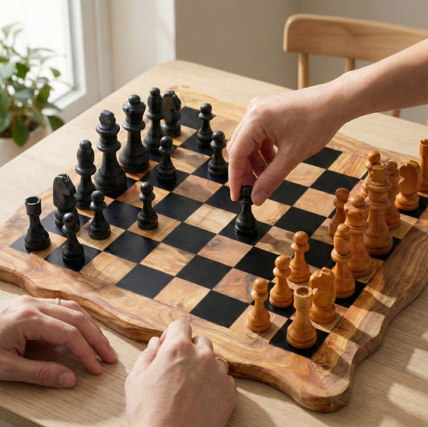 Olive Wood Chess Set – Square Wavy-Edge Board - ArtisRaw