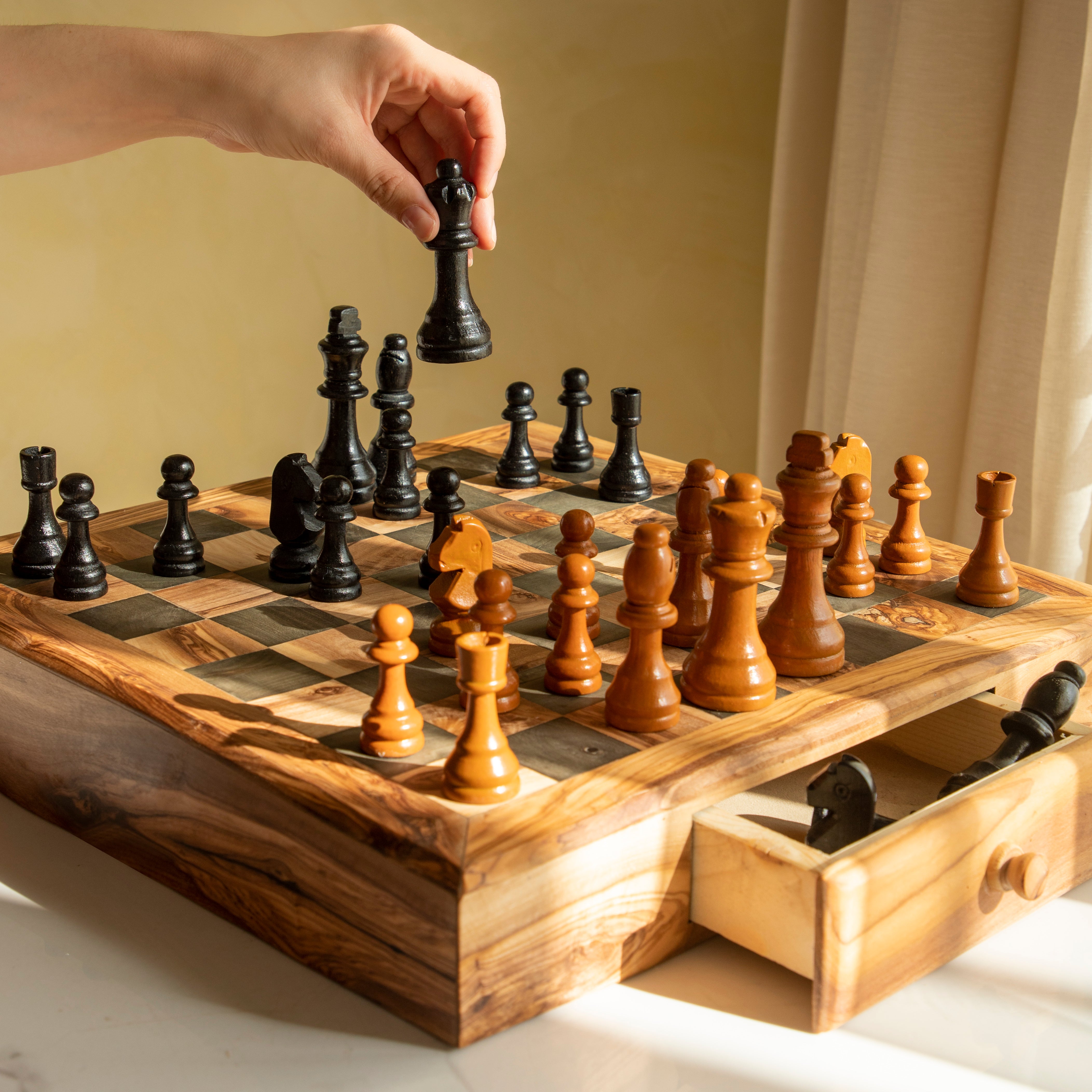 Handmade Wooden Chess Set with Storage Drawer – Olive Wood - ArtisRaw