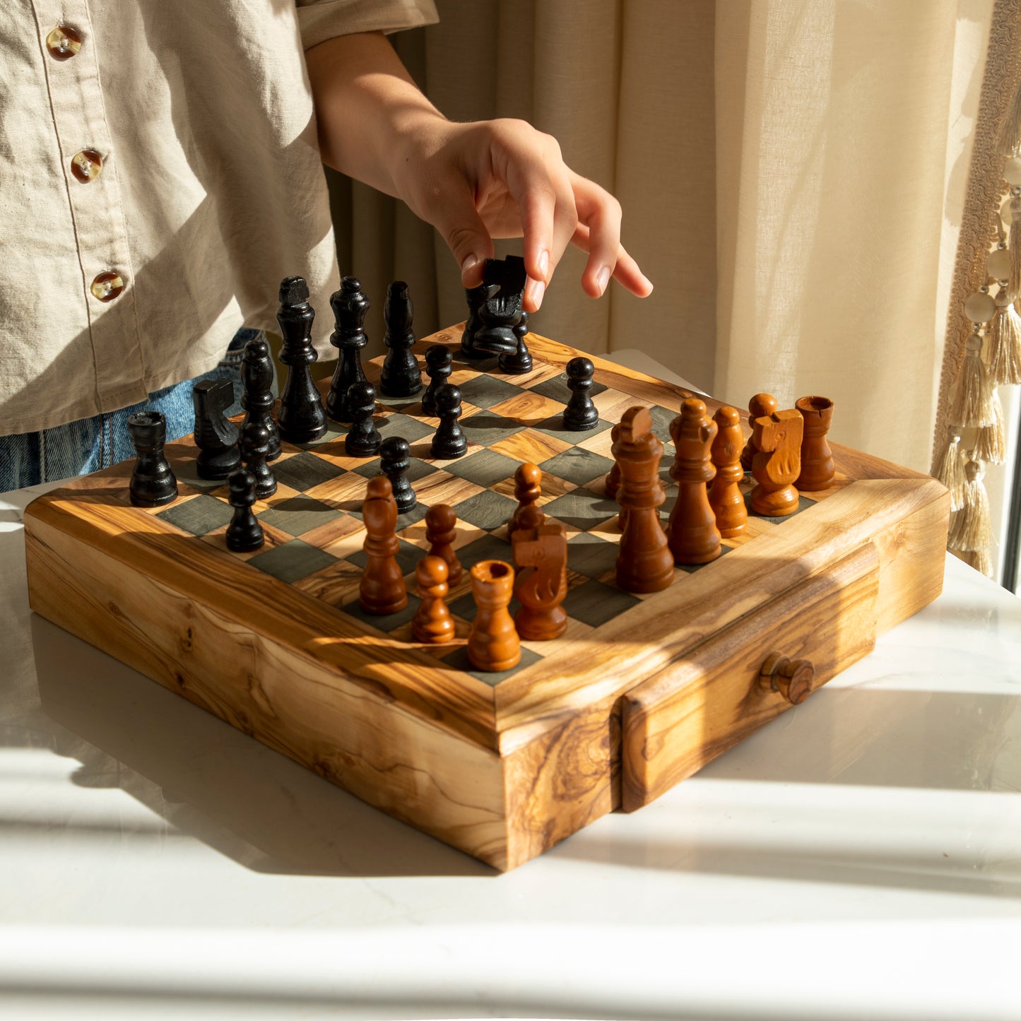 Handmade Wooden Chess Set with Storage Drawer – Olive Wood - ArtisRaw