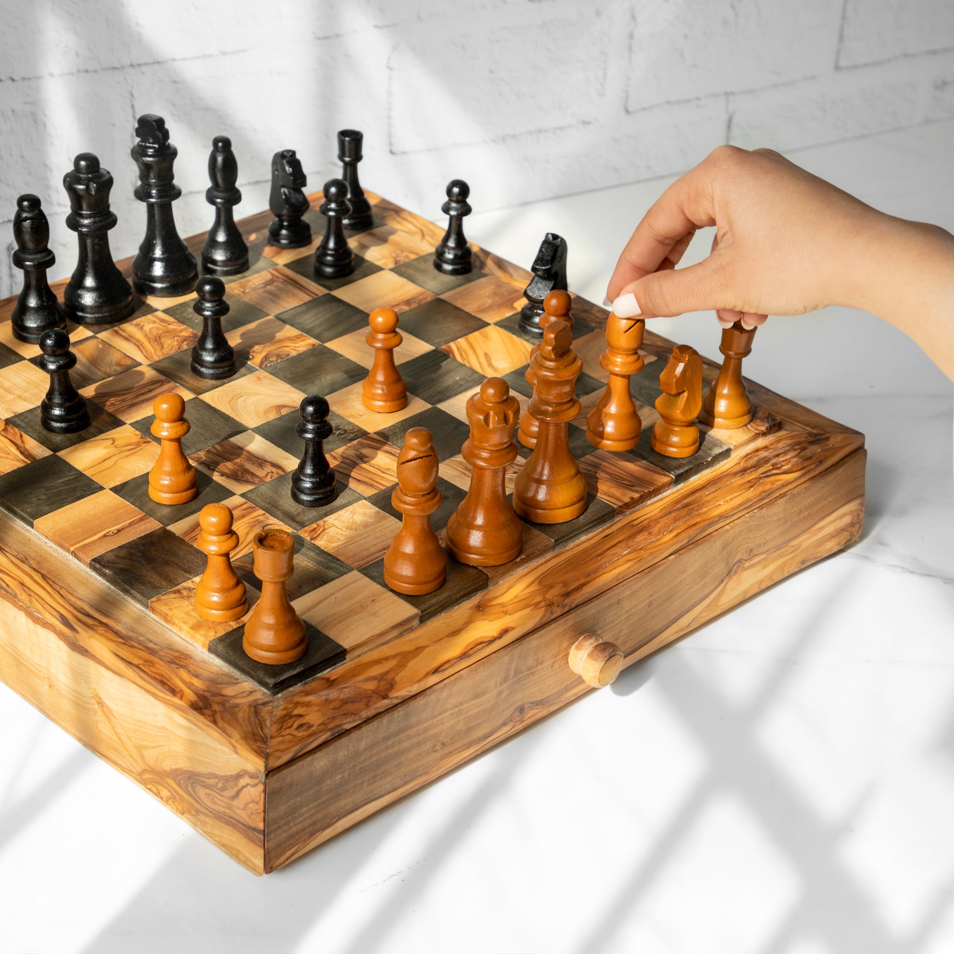 Wooden chess set with full-width storage drawer