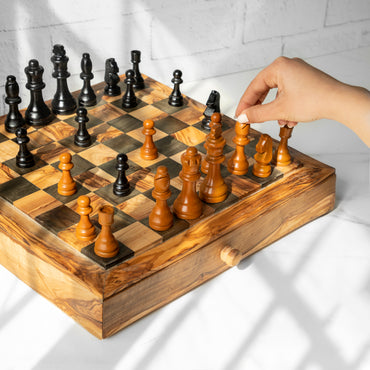 Wooden chess set with full-width storage drawer
