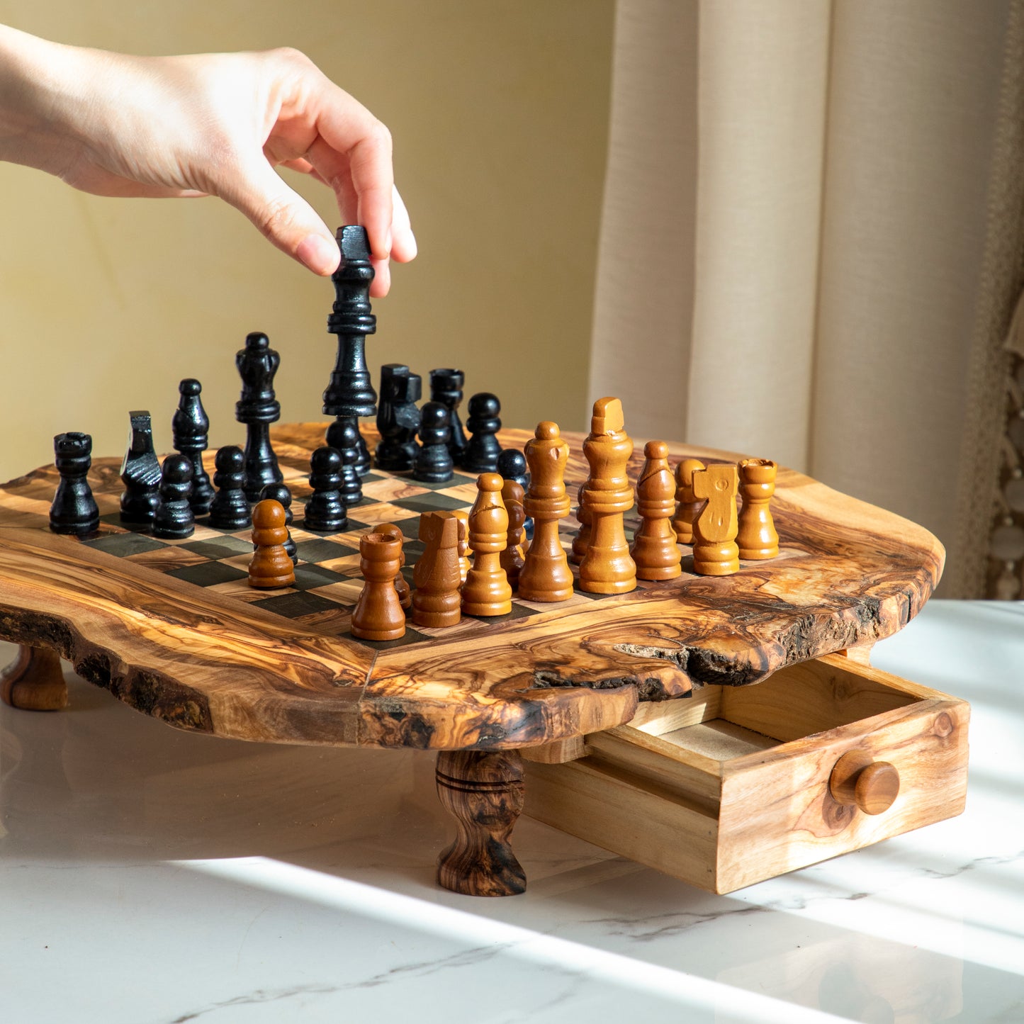 Handmade wooden chess set – Staunton-style wooden pieces on olive board