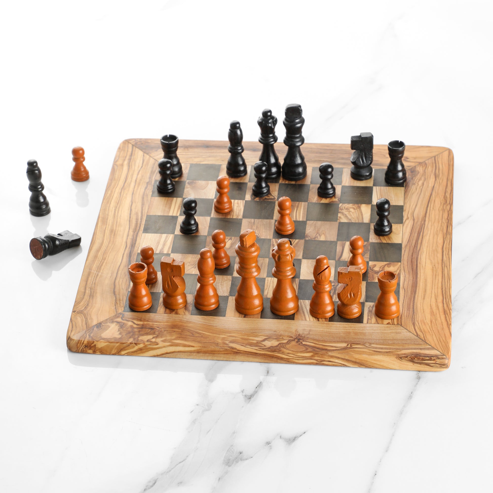 Olive Wood Chess Set – Classic Square Board with Black Squares - ArtisRaw