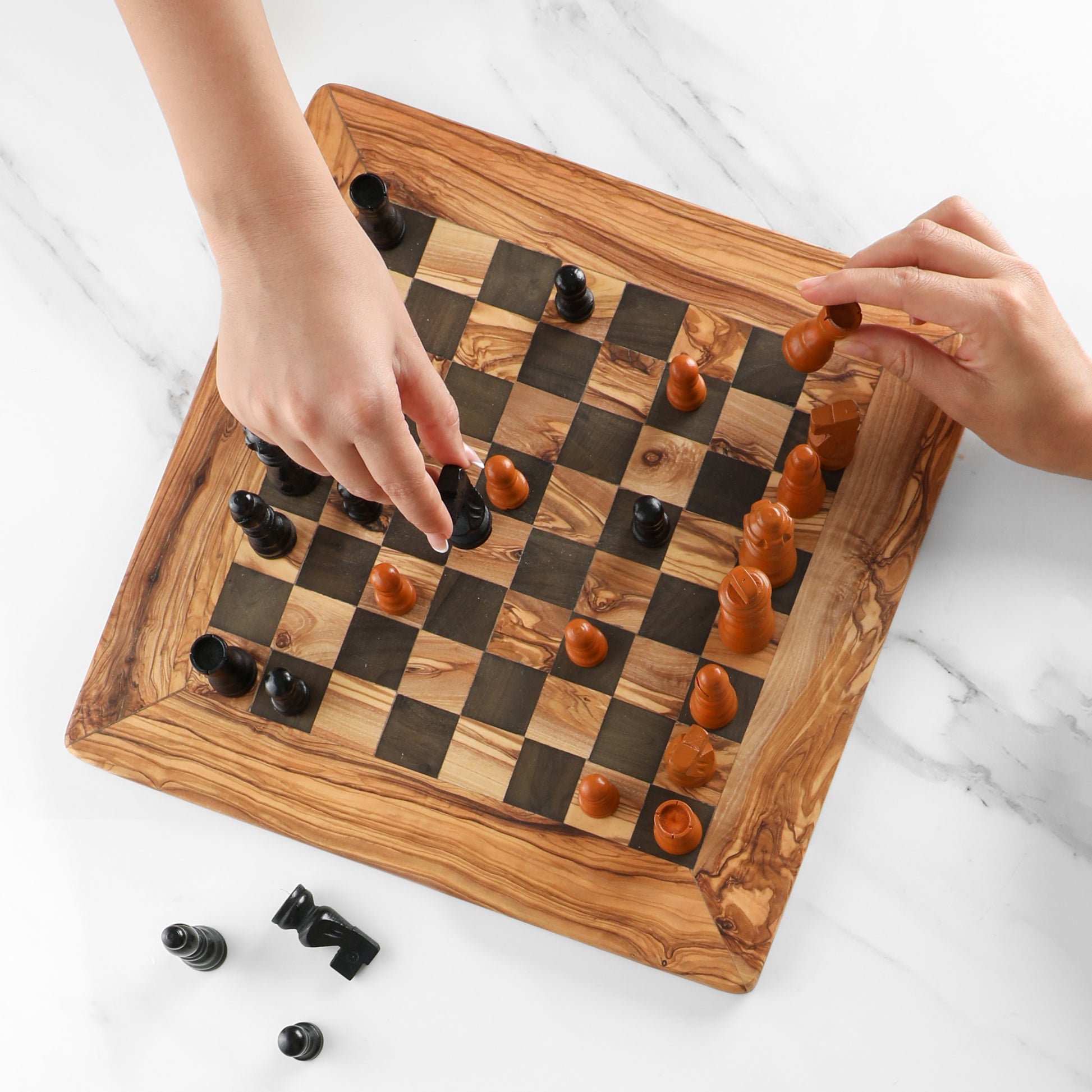 Olive Wood Chess Set – Classic Square Board with Black Squares - ArtisRaw