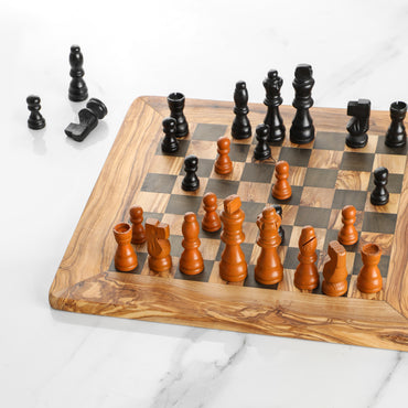 Olive Wood Chess Set – Classic Square Board with Black Squares - ArtisRaw