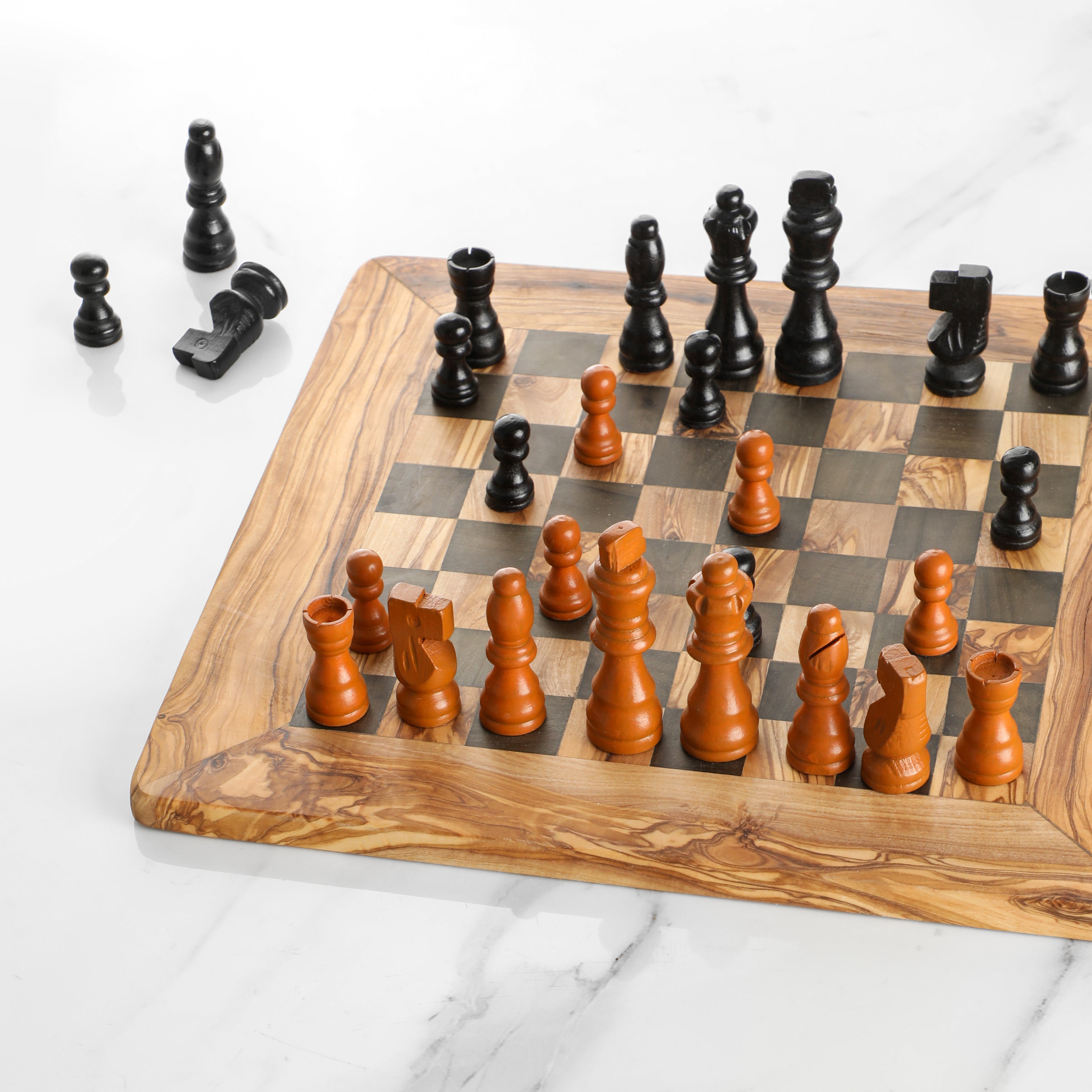 Olive Wood Chess Set – Classic Square Board with Black Squares - ArtisRaw