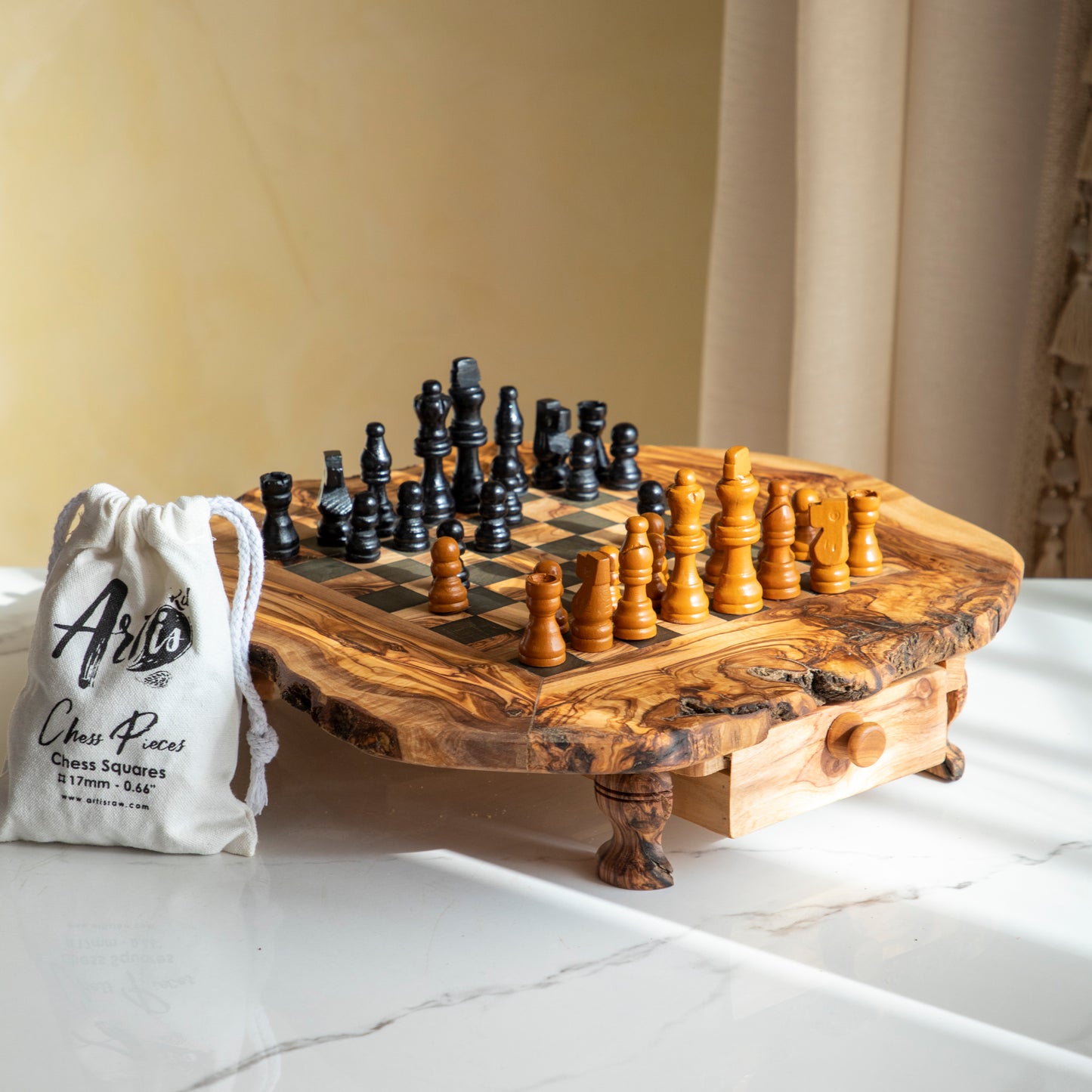 Handmade Wooden Chess Set – Olive Wood Board with Drawers - ArtisRaw