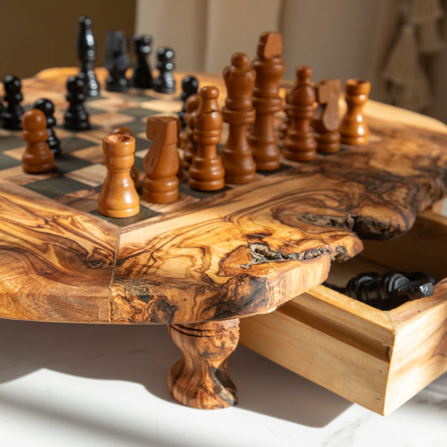 Handmade Wooden Chess Set – Olive Wood Board with Drawers - ArtisRaw
