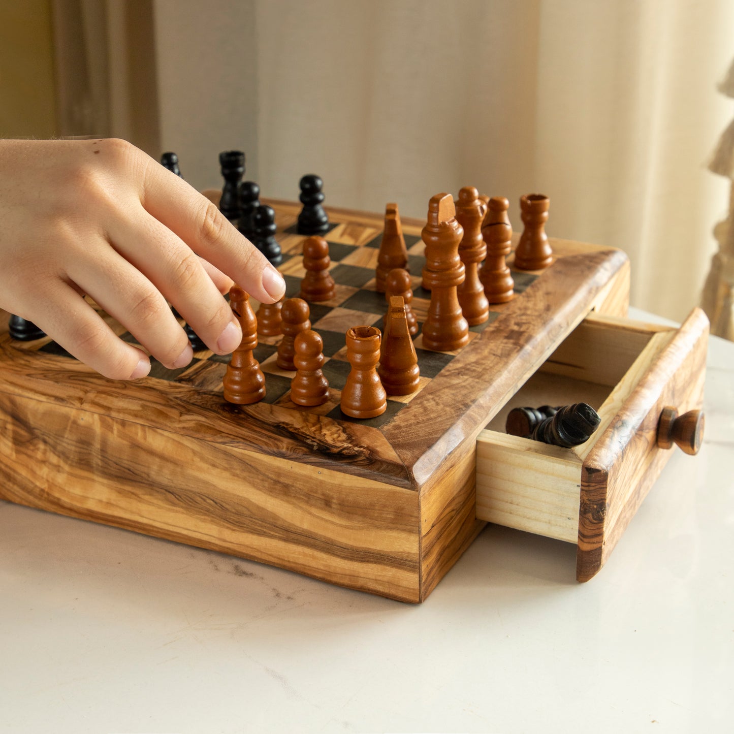 Handmade Wooden Chess Set with Storage Drawer – Olive Wood - ArtisRaw