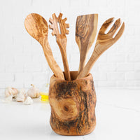 Olive wood utensil set with tree trunk holder and four cooking spoons