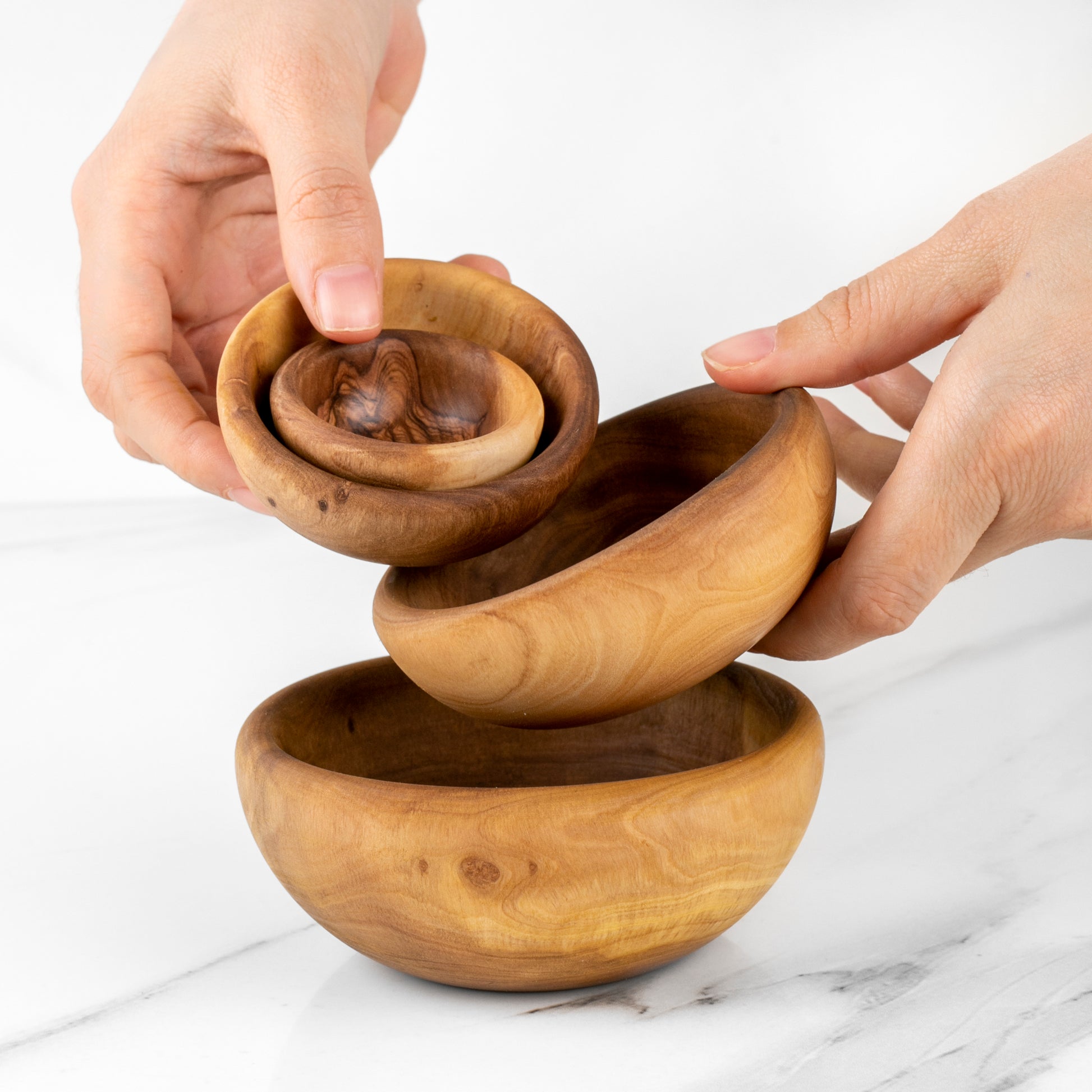 Set of 4 Olive Wood Nesting Bowls – Handmade Rounded Edge Serving & Prep Bowls - ArtisRaw