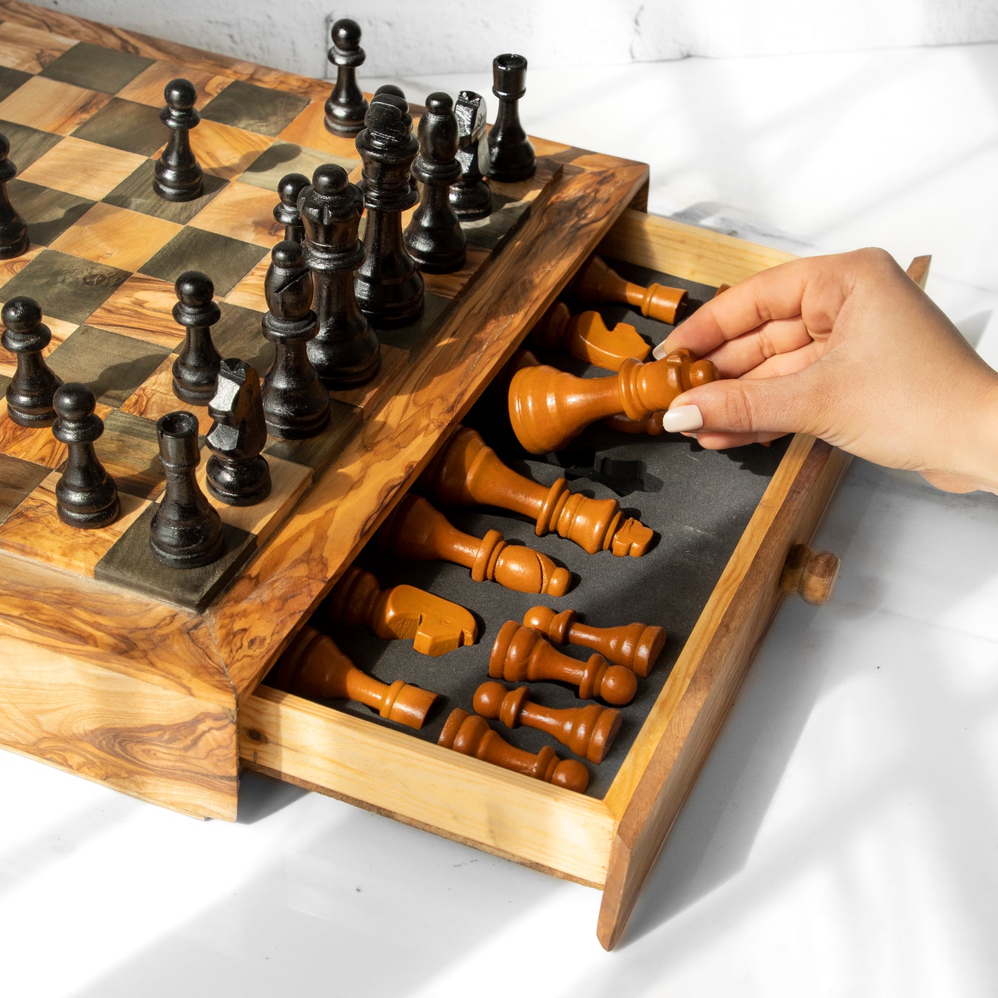 Luxury wooden chess set displayed as a coffee table centerpiece
