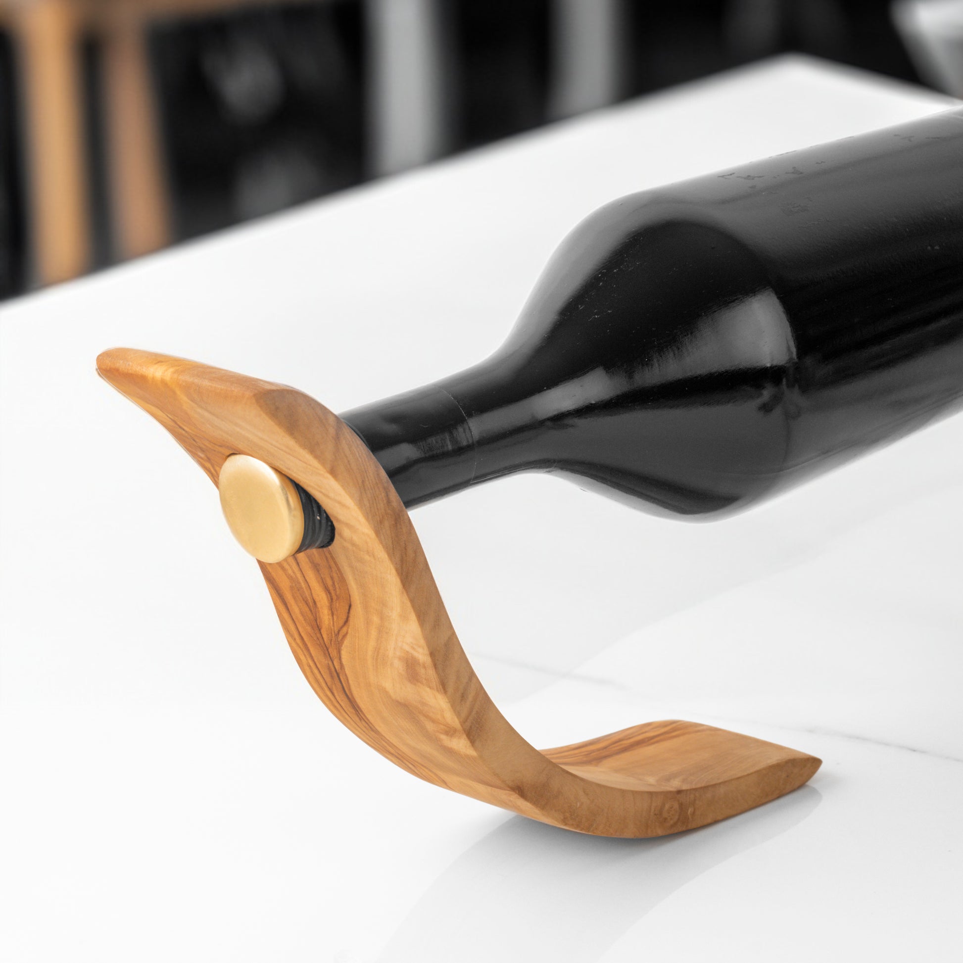 Olive Wood Balancing Wine Bottle Holder – Single Bottle Stand, 2 Designs - ArtisRaw