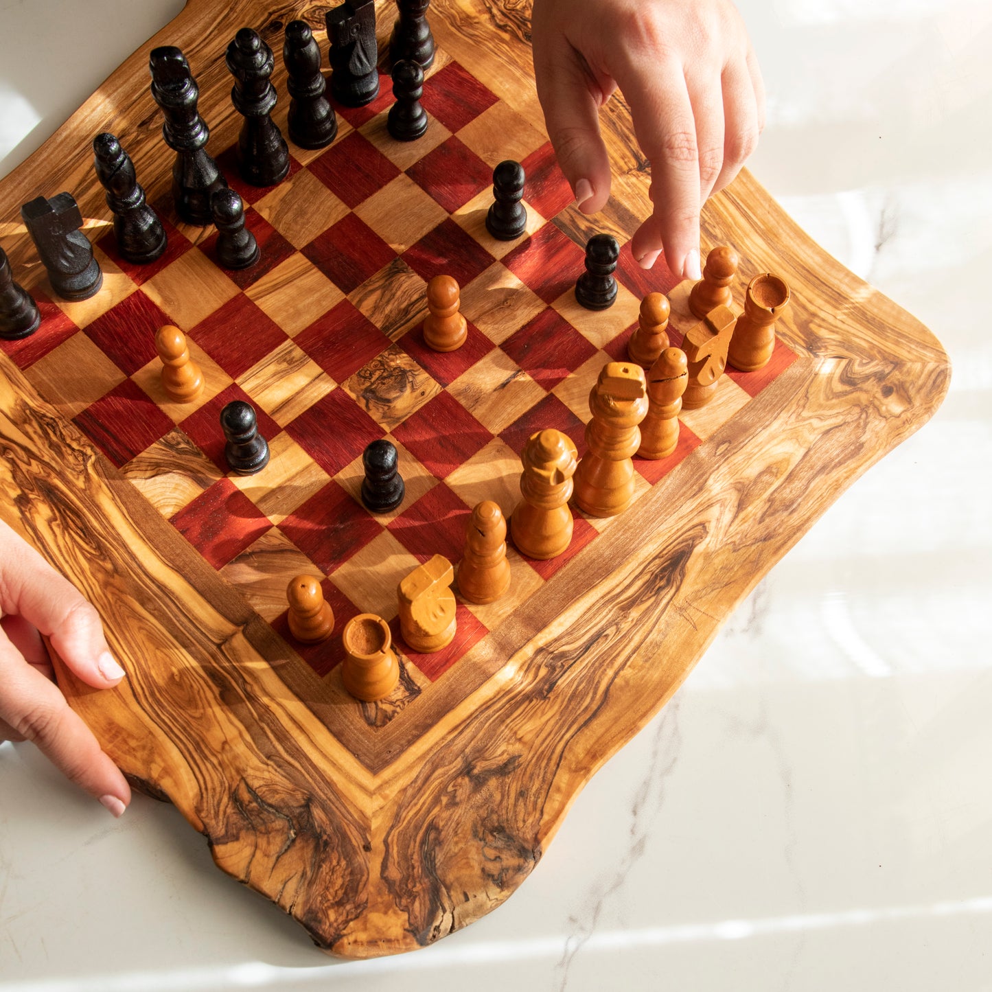 Handmade Olive Wood Chess Set – Irregular Rustic Artisan Board from Tunisia - ArtisRaw