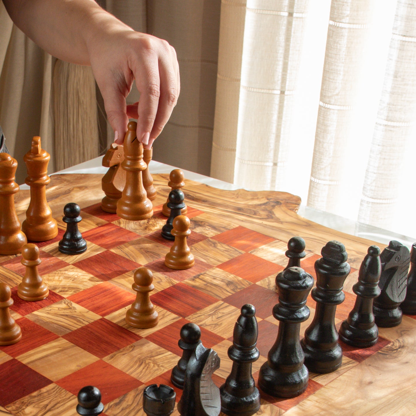 Handmade Olive Wood Chess Set – Irregular Rustic Artisan Board from Tunisia - ArtisRaw