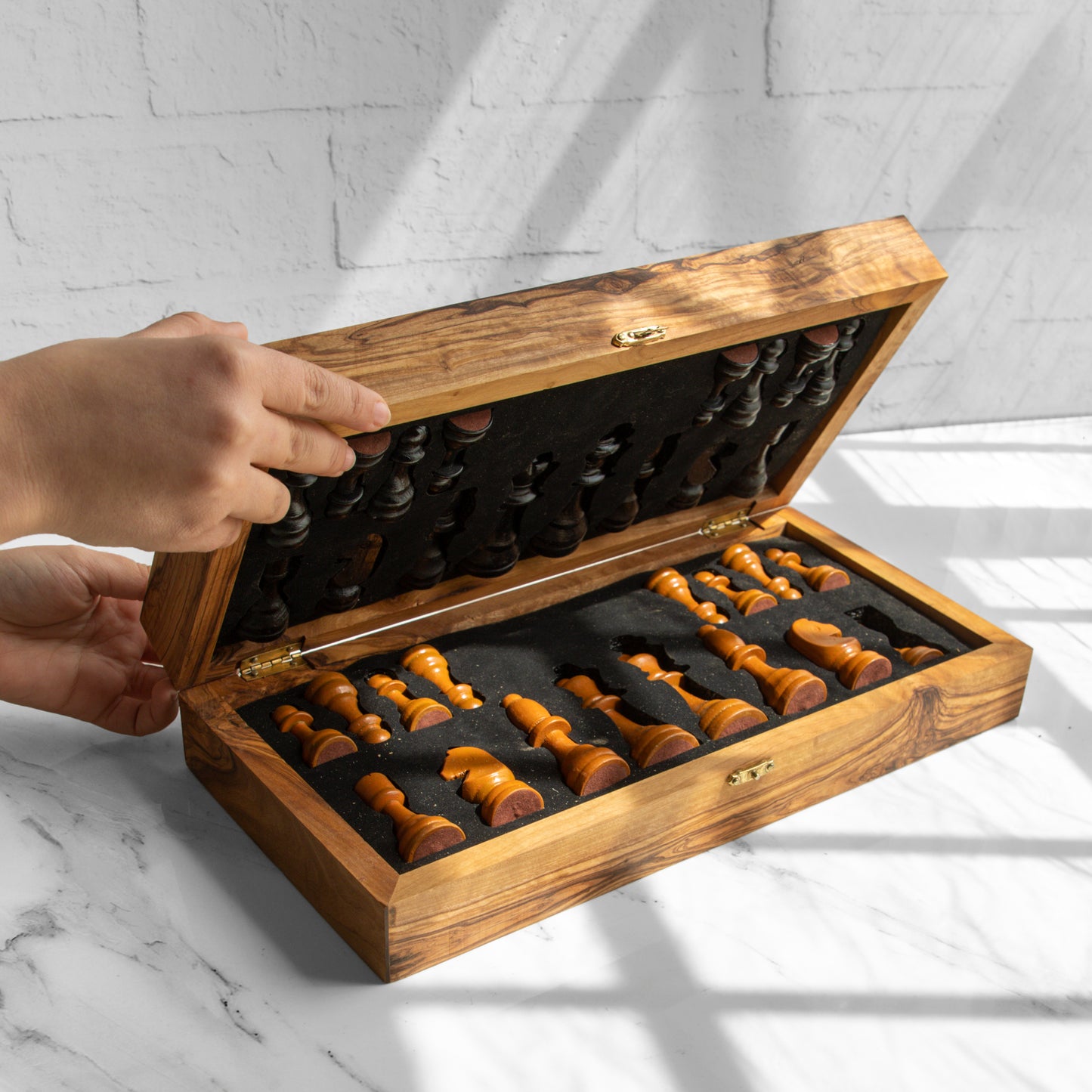 Folding Olive Wood Chess Set – Magnetic Travel Board with Wooden Pieces - ArtisRaw