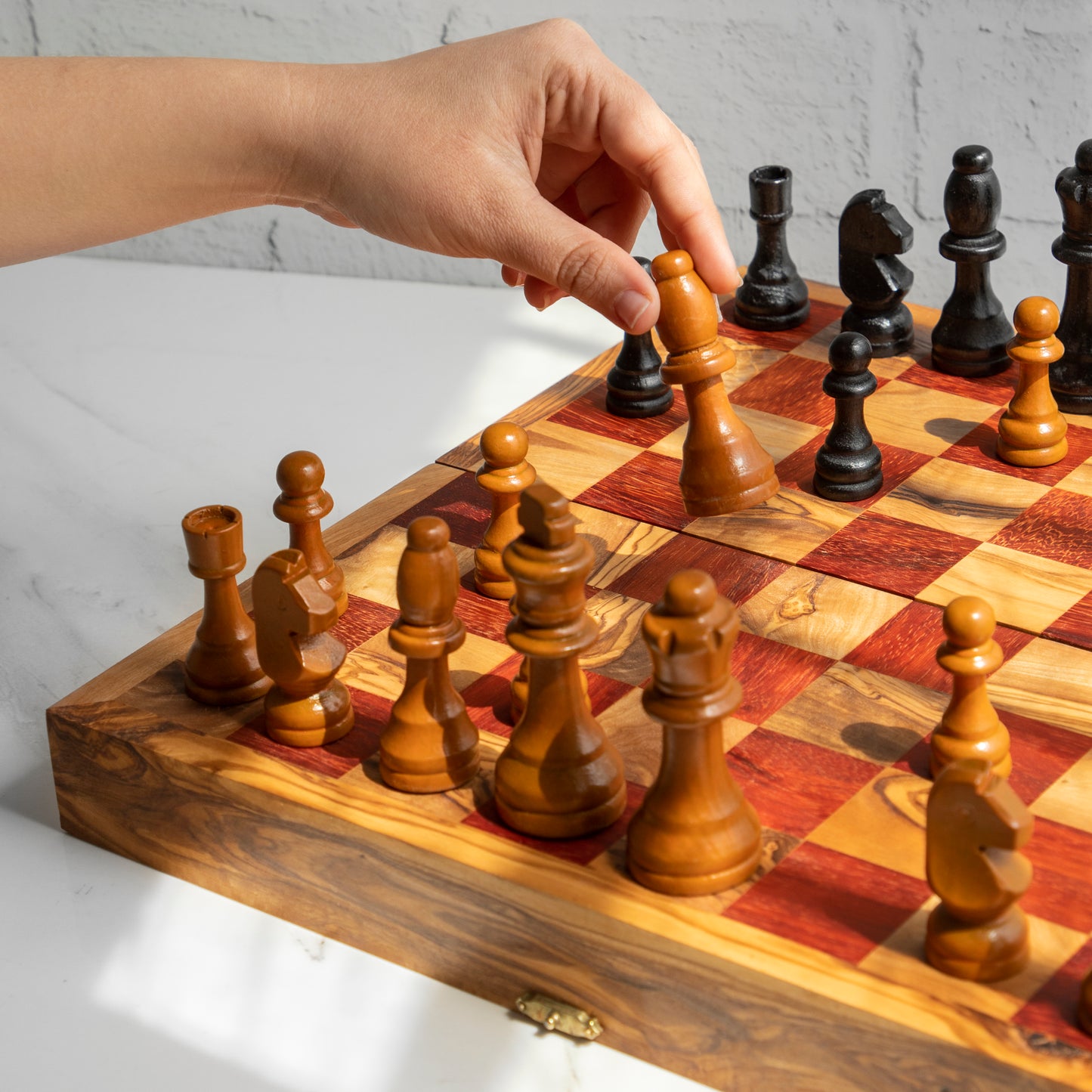 Folding Olive Wood Chess Set – Magnetic Travel Board with Wooden Pieces - ArtisRaw