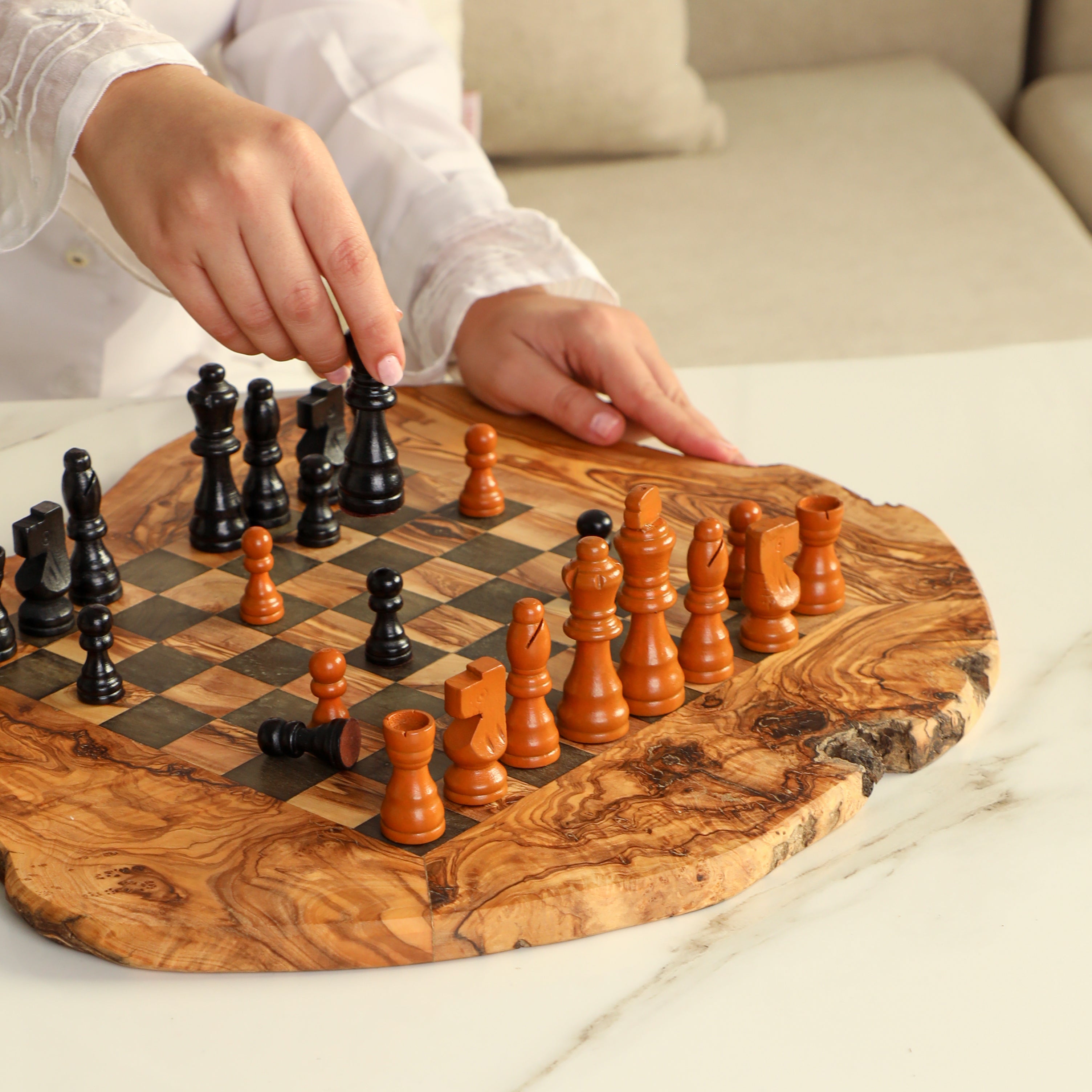 Handmade Olive Wood Chess Set – Irregular Rustic Artisan Board from Tunisia - ArtisRaw