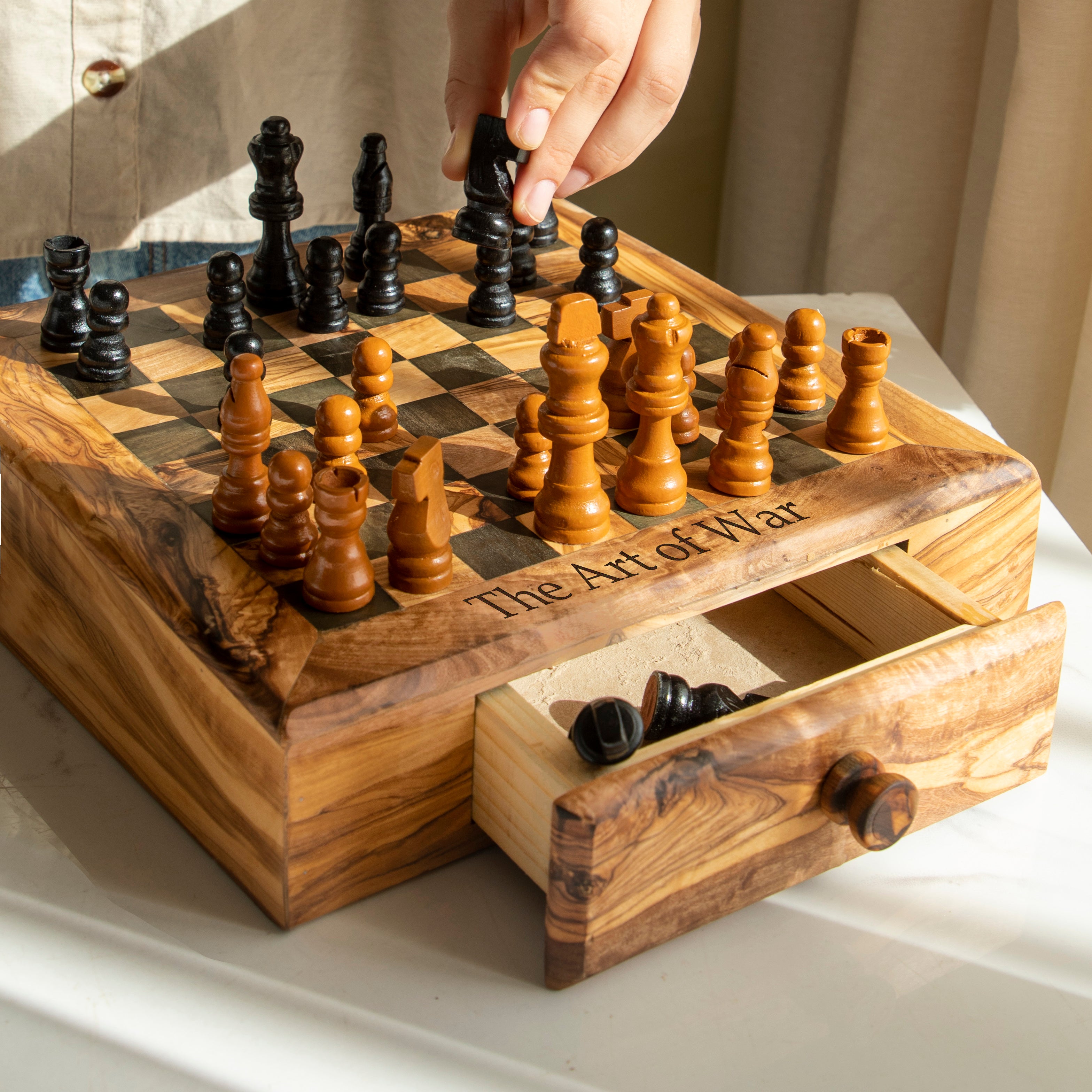 Handmade wooden chess set with storage drawer olive wood board