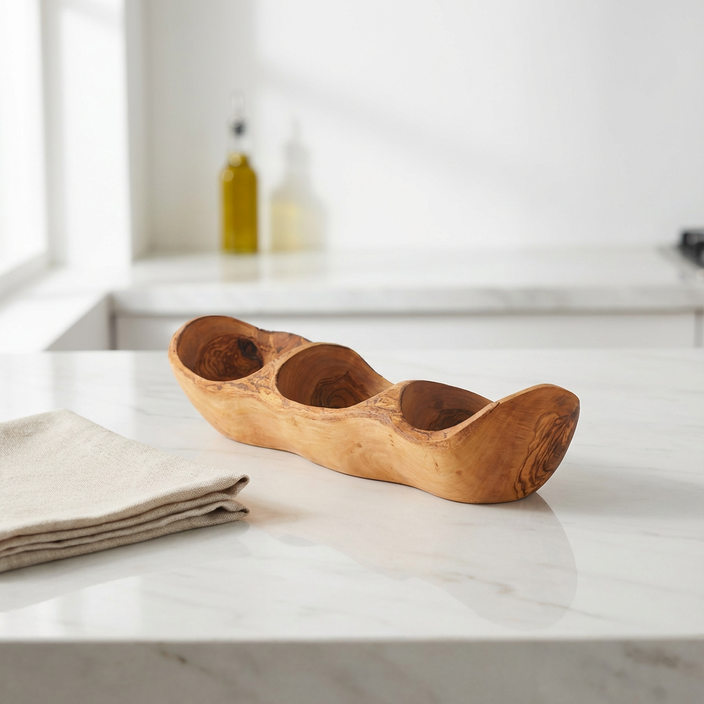 Rustic Olive Wood Appetizer Tray – 3-Well Tapas & Snack Serving Dish, Handmade - ArtisRaw