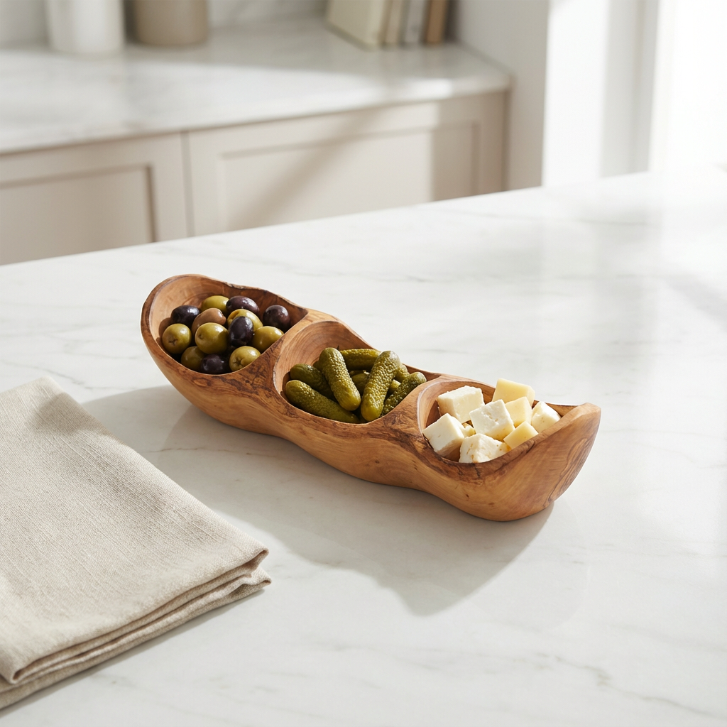 Rustic Olive Wood Appetizer Tray – 3-Well Tapas & Snack Serving Dish, Handmade - ArtisRaw