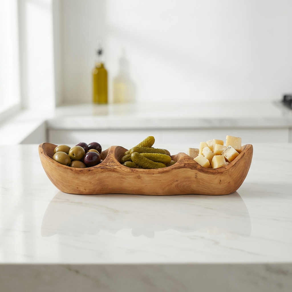 Rustic Olive Wood Appetizer Tray – 3-Well Tapas & Snack Serving Dish, Handmade - ArtisRaw