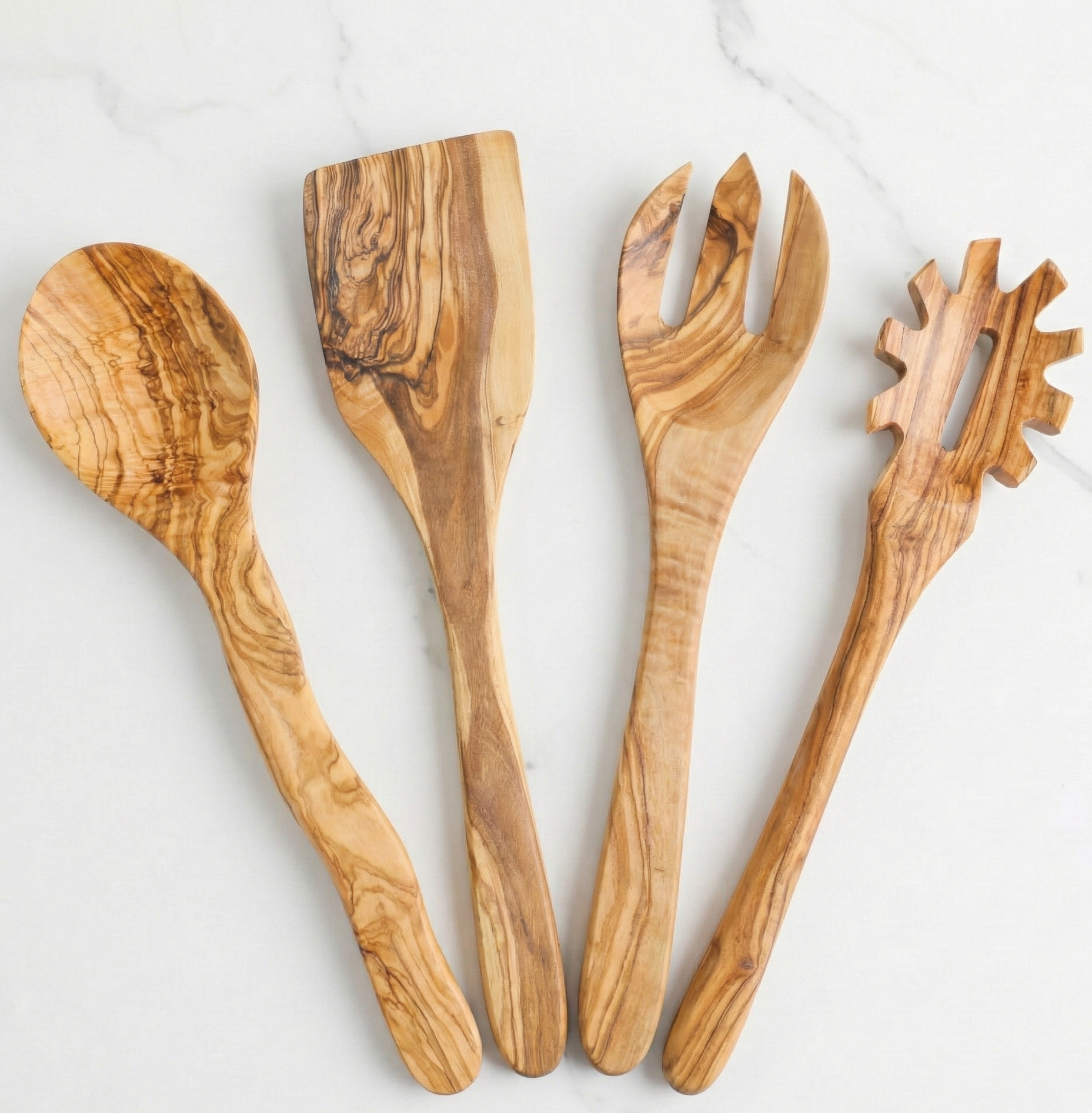 Olive wood utensil set with tree trunk holder and four cooking spoons